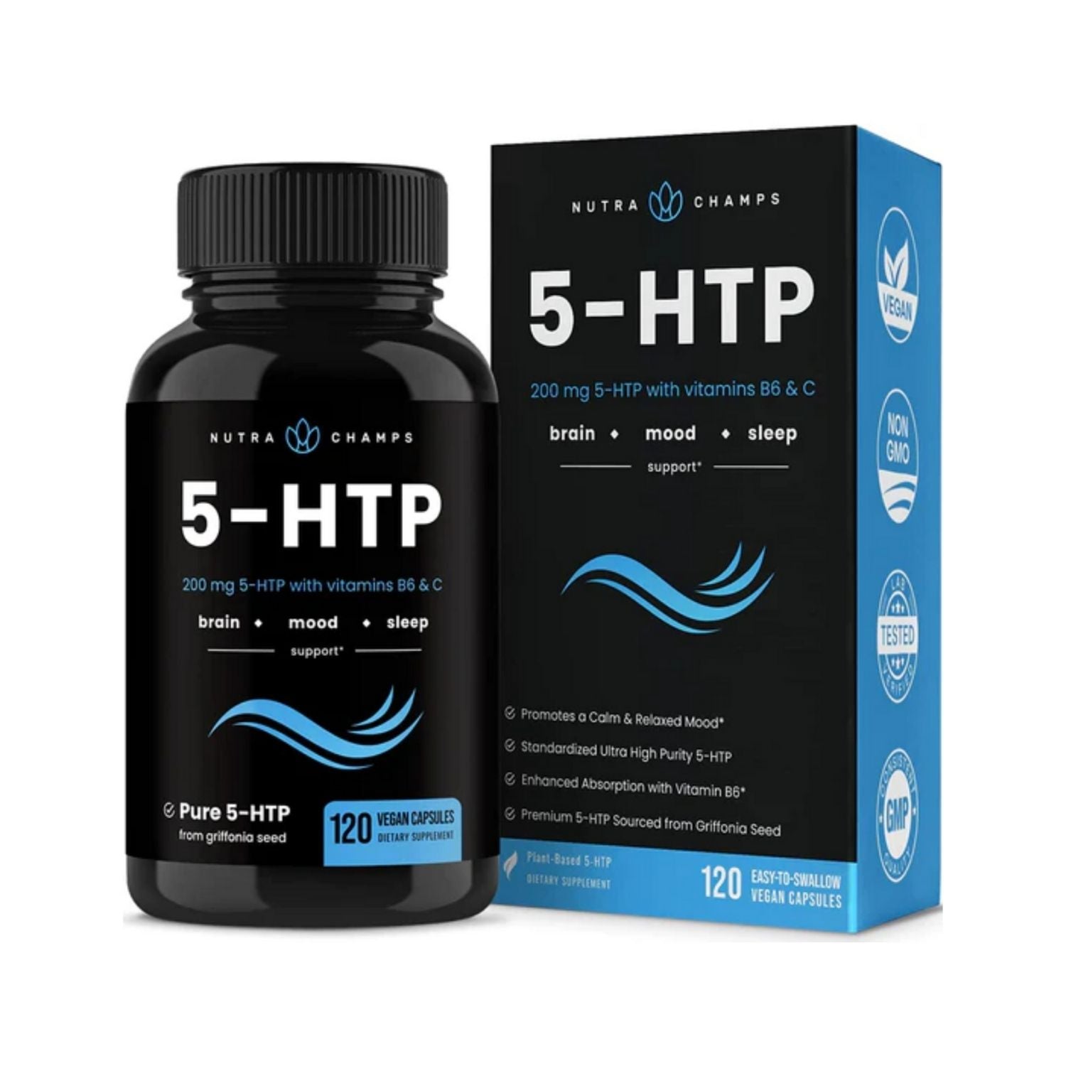 5-HTP 200 MG 120 CAPSULAS CON VITAMINA B6 20 MG Y VITAMINA C 20 MG NO GMO VEGANO NUTRA CHAMPS