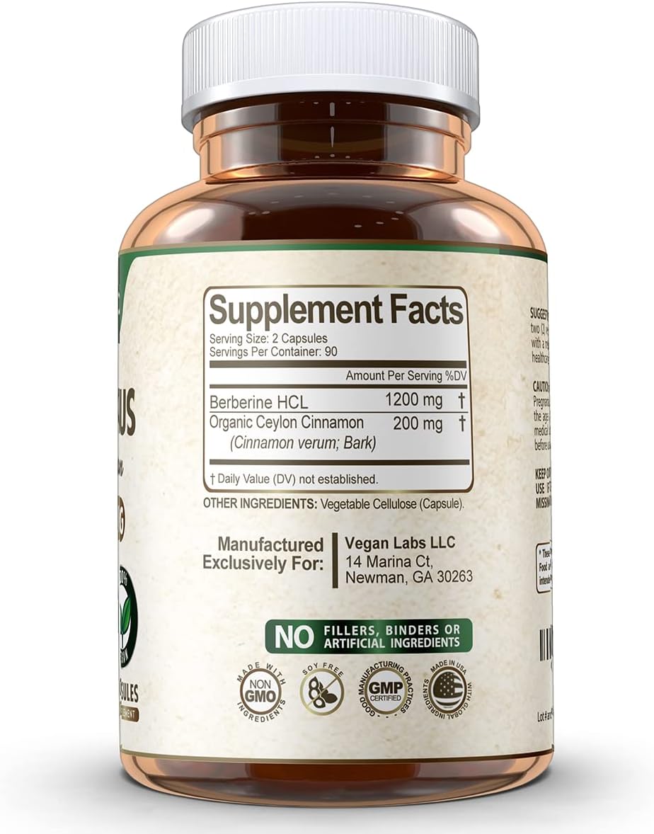 BERBERINA 1200 MG CON CANELA DE CEYLAN 200 MG 180 CAPSULAS VEGANO SIN GMO VEGAN LABS