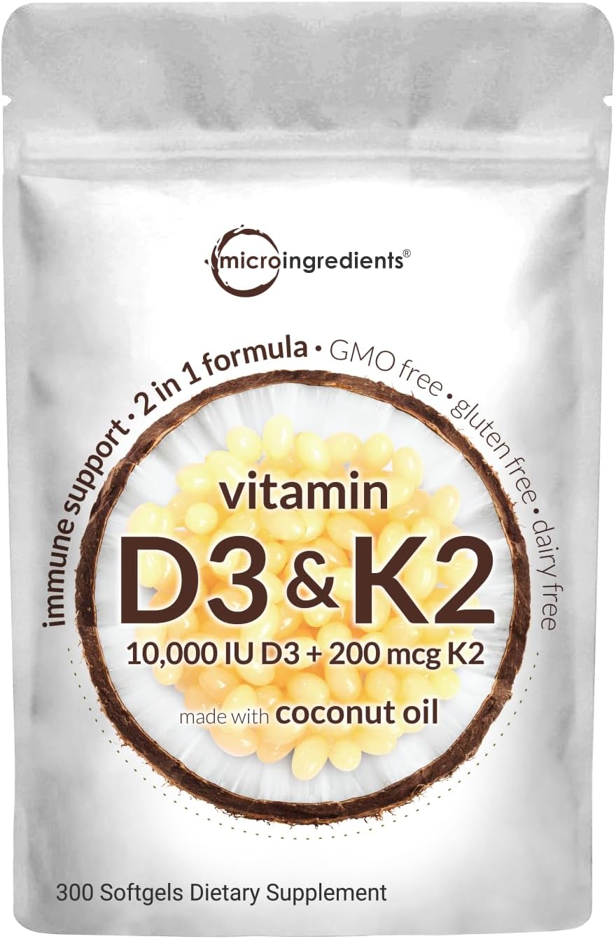 VITAMINA D3 + K2 10000 IU D3 200 MCG K2 CON ACEITE DE COCO 300 CAPSULAS BLANDAS SIN GMO MICROINGREDIENTS