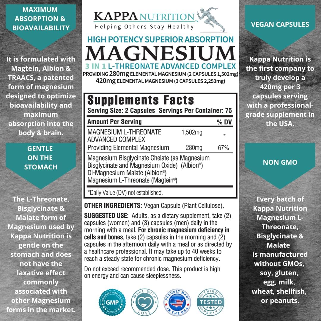 TREONATO DE MAGNESIO 1,502 MG 150 CAPSULAS KAPPA SIN GMO VEGANO NUTRITION