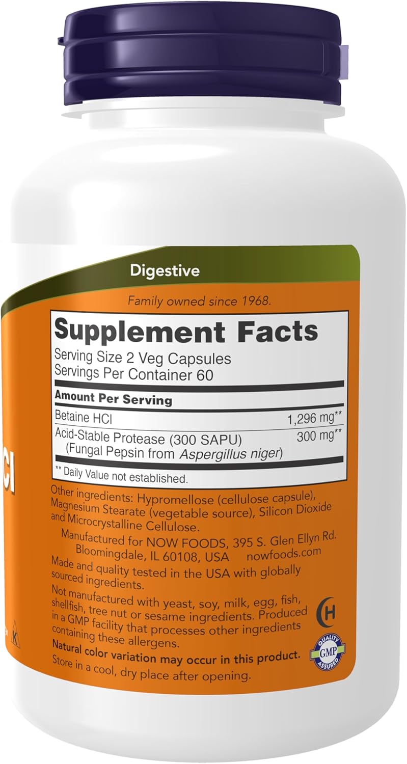 BETAINA HCI 648 MG NOW 120 CAPSULAS VEGETALES NO GMO VEGANO
