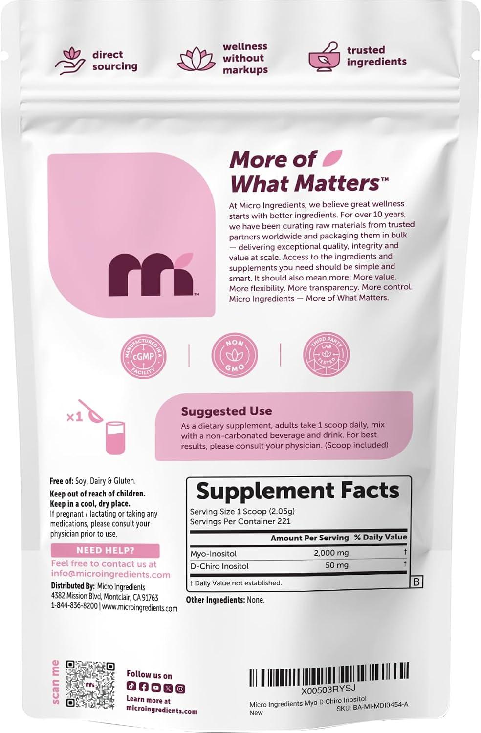 MYO & D CHIRO INOSITOL 2050 MG 221 SERVICIOS 454 GRAMOS MICROINGREDIENTS NO GMO