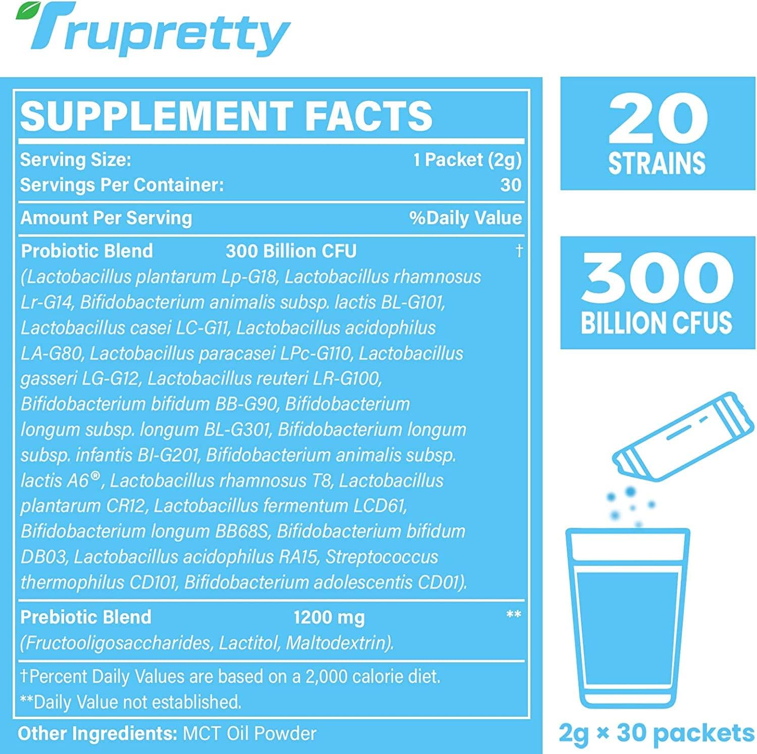 PROBIOTICOS Y PREBIOTICOS EN POLVO 300 BILLONES CFU 20 CEPAS 30 SOBRES SIN GMO VEGANO TRUPRETTY