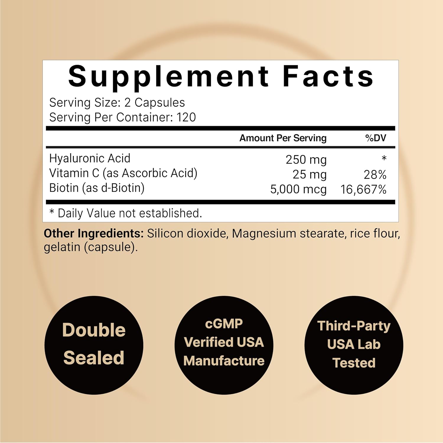 ÁCIDO HIALURONICO 250 MG CON VITAMINA C 25 MG Y BIOTINA 5000 MCG 240 CAPSULAS SIN GMO NATUREBELL