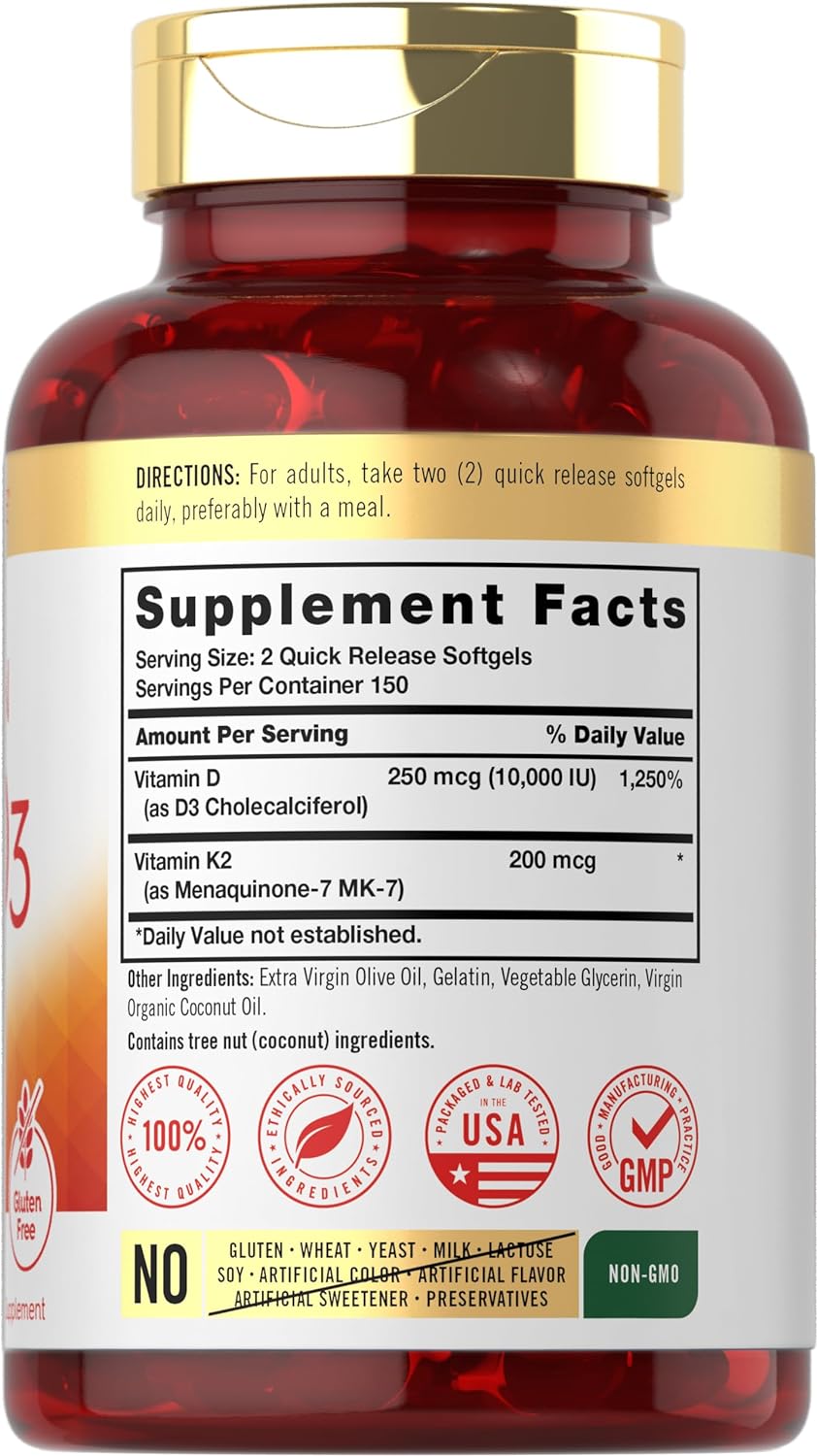 VITAMINA K2 CARLYLE MK7 200 MCG + VITAMINA D3 (COLECALCIFEROL) 10,000 UI 300 CAPSULAS BLANDAS SIN GMO