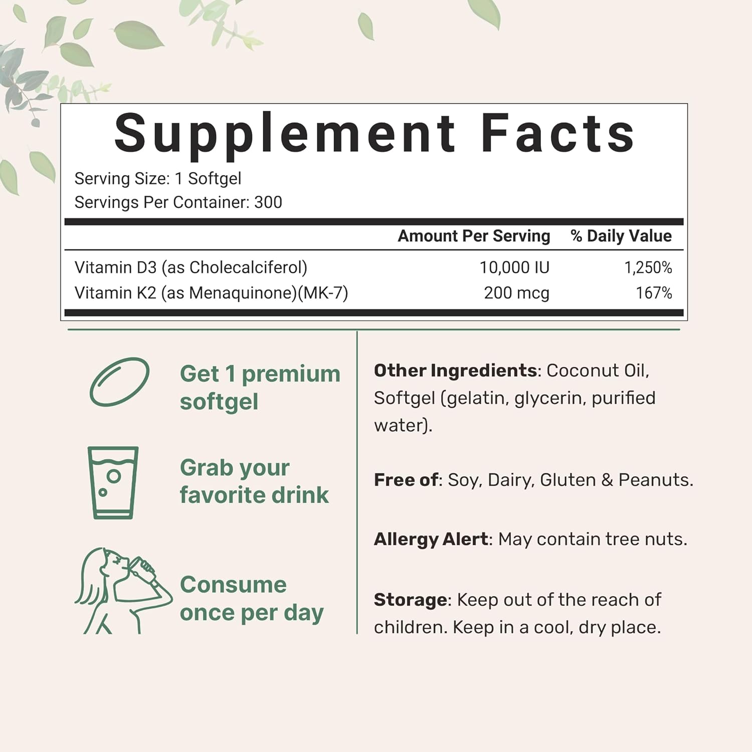VITAMINA D3 + K2 10000 IU D3 200 MCG K2 CON ACEITE DE COCO 300 CAPSULAS BLANDAS SIN GMO MICROINGREDIENTS