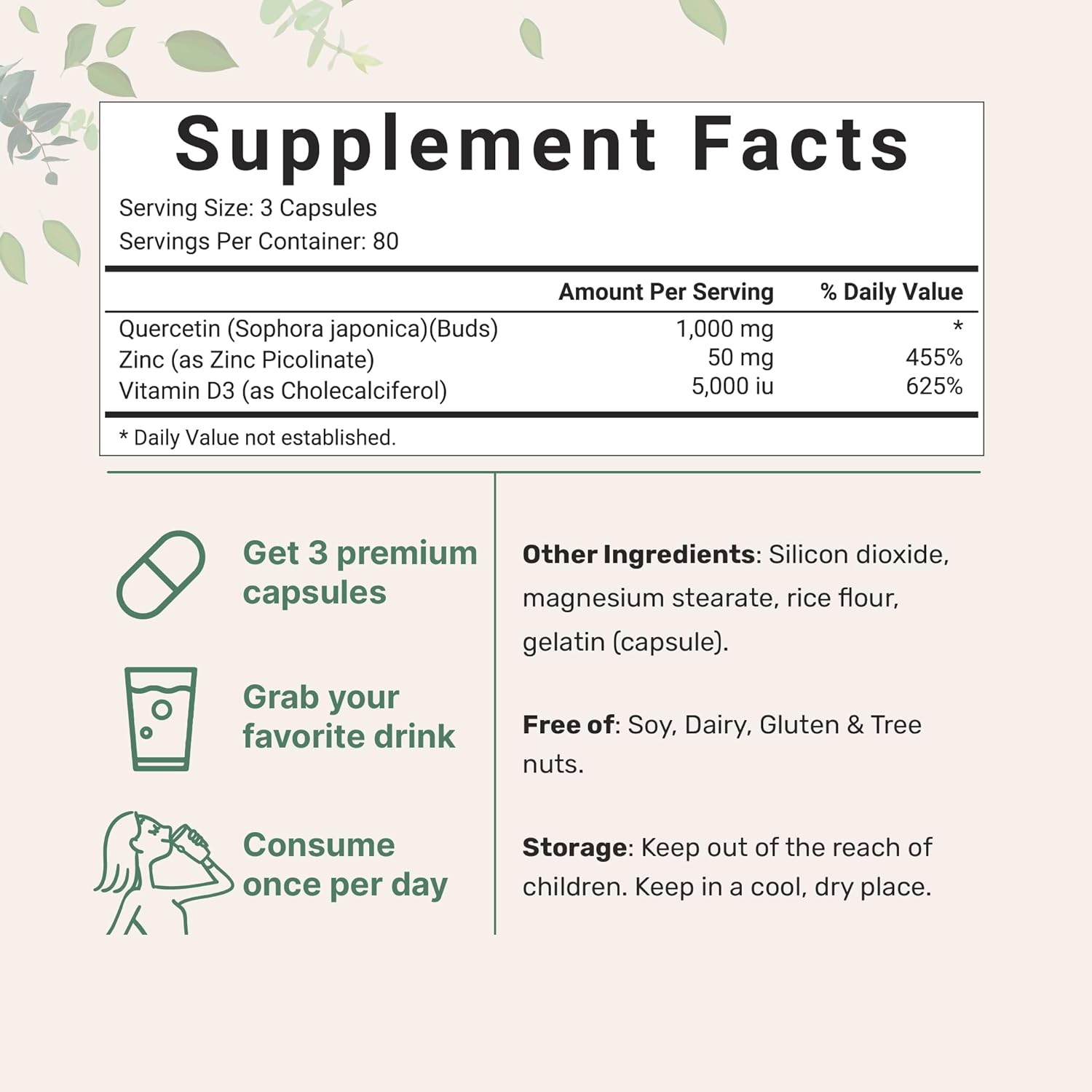 QUERCETINA 1000 MG + VITAMINA D3 (COLECALCIFEROL) 5000 UI + ZINC 50 MG 240 CAPSULAS SIN GMO QUERCETIN MICROINGREDIENTS