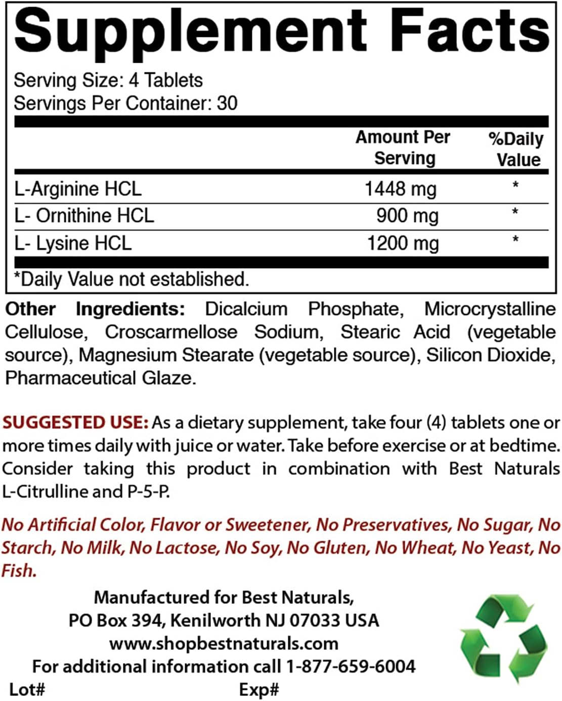 TRI- AMINO CON ARGININA 1448 MG ORNITINA 900 MG Y LISINA 1200 MG 120 TABLETAS BEST NATURALS
