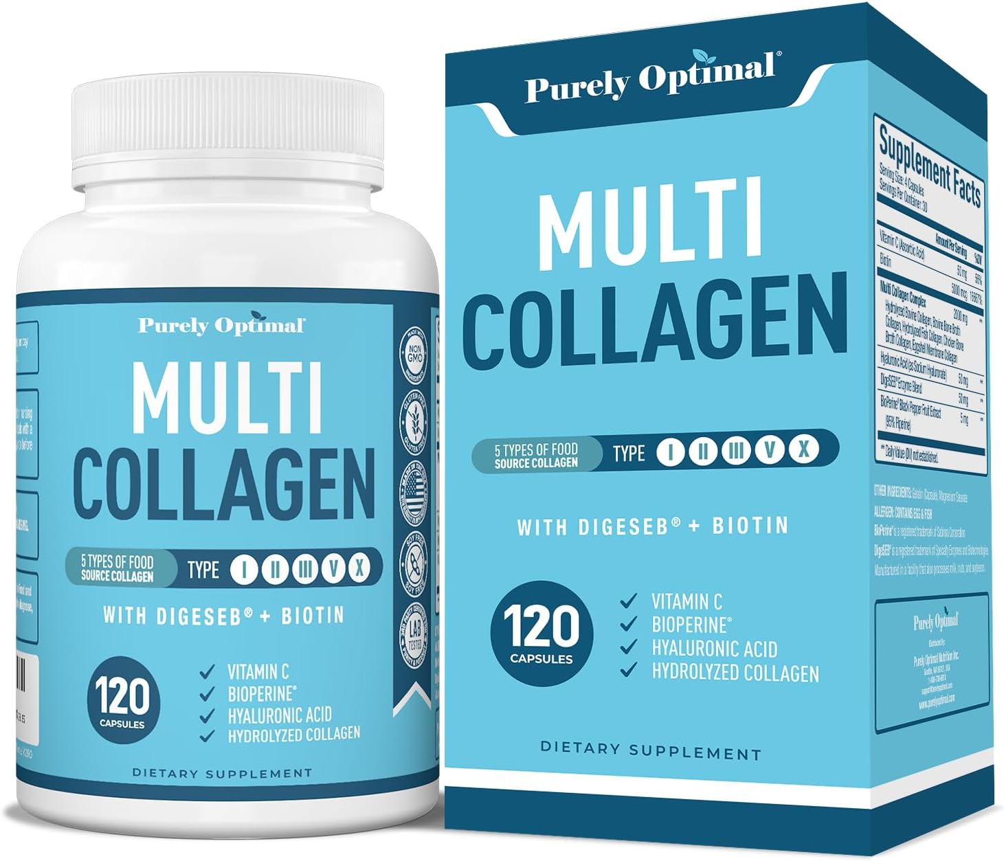 MULTI COLÁGENO 5 TIPOS + BIOTINA 2000 MG 120 CÁPSULAS NO GMO PURELY OPTIMAL