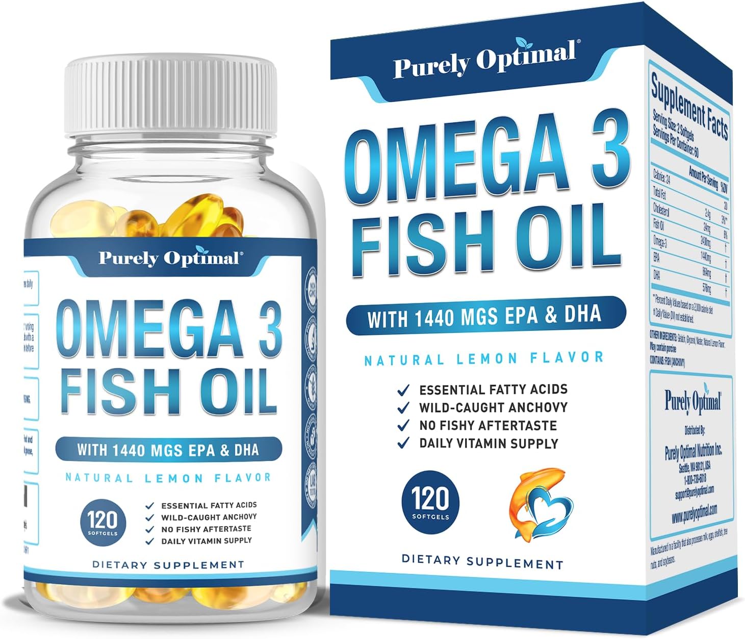 OMEGA 3 FISH OIL 3840 MG CON EPA Y DHA 120 CÁPSULAS BLANDAS NO GMO PURELY OPTIMAL