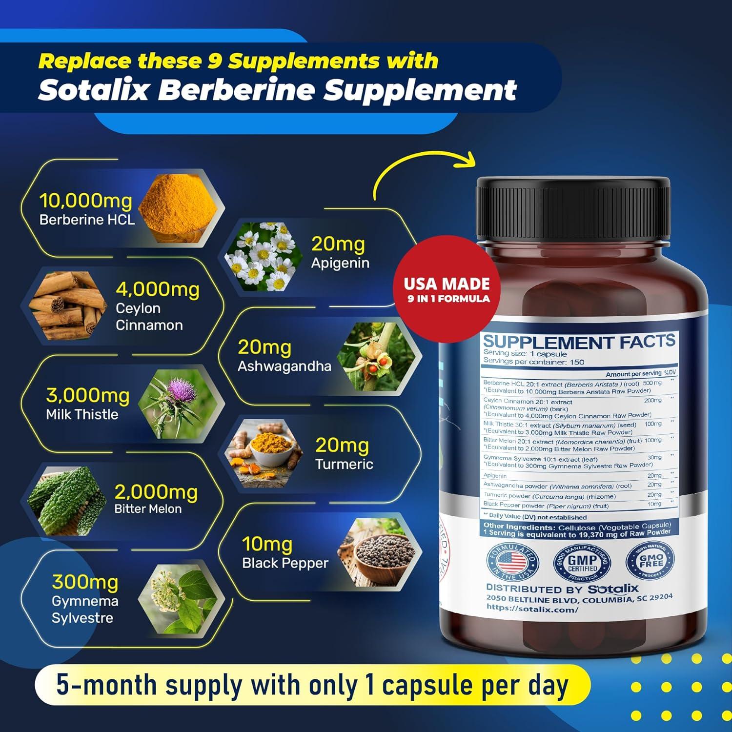 BERBERINA COMPLEJO 9 EN 1 ASHWAGANDHA 20 MG CON CARDO MARIANO (MILK THISTLE) 3000 MG 150 CAPSULAS SIN GMO SOTALIX