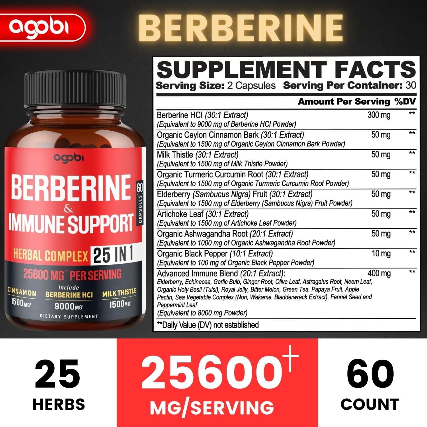 COMPLEJO DE BERBERINA 25 EN 1 CON MILK THISTLE 1500 MG Y CANELA DE CEILAN 1500 MG 60 CAPSULAS SIN GMO AGOBI