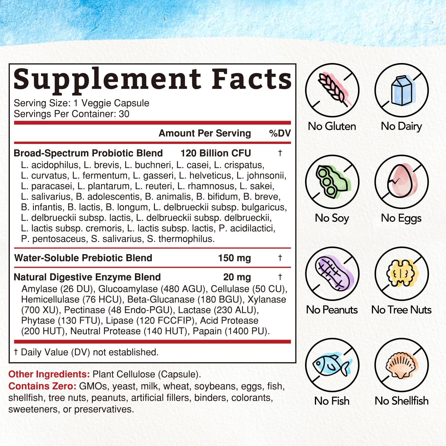 PROBIOTICO CON PREBIOTICOS Y ENZYMAS 120 BILLONES CFU 32 CEPAS 30 CAPSULAS SIN GMO VEGANO BONAWELL