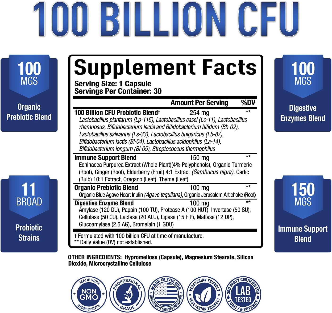 PROBIÓTICOS + ENZIMAS DIGESTIVAS + PREBIOTICOS 100 BILLONES CFU 30 CÁPSULAS NO GMO PURELY OPTIMAL