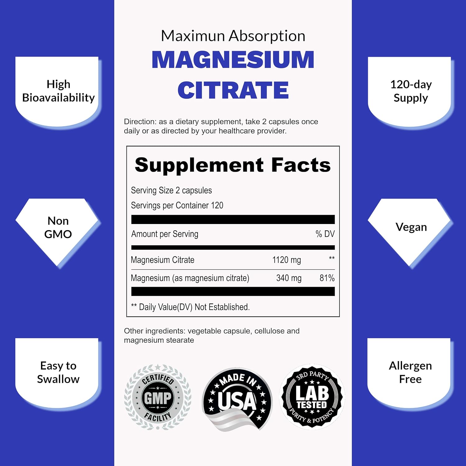 CITRATO DE MAGNESIO 1120 MG 240 CÁPSULAS MAGNESIUM CITRATE UPNOURISH