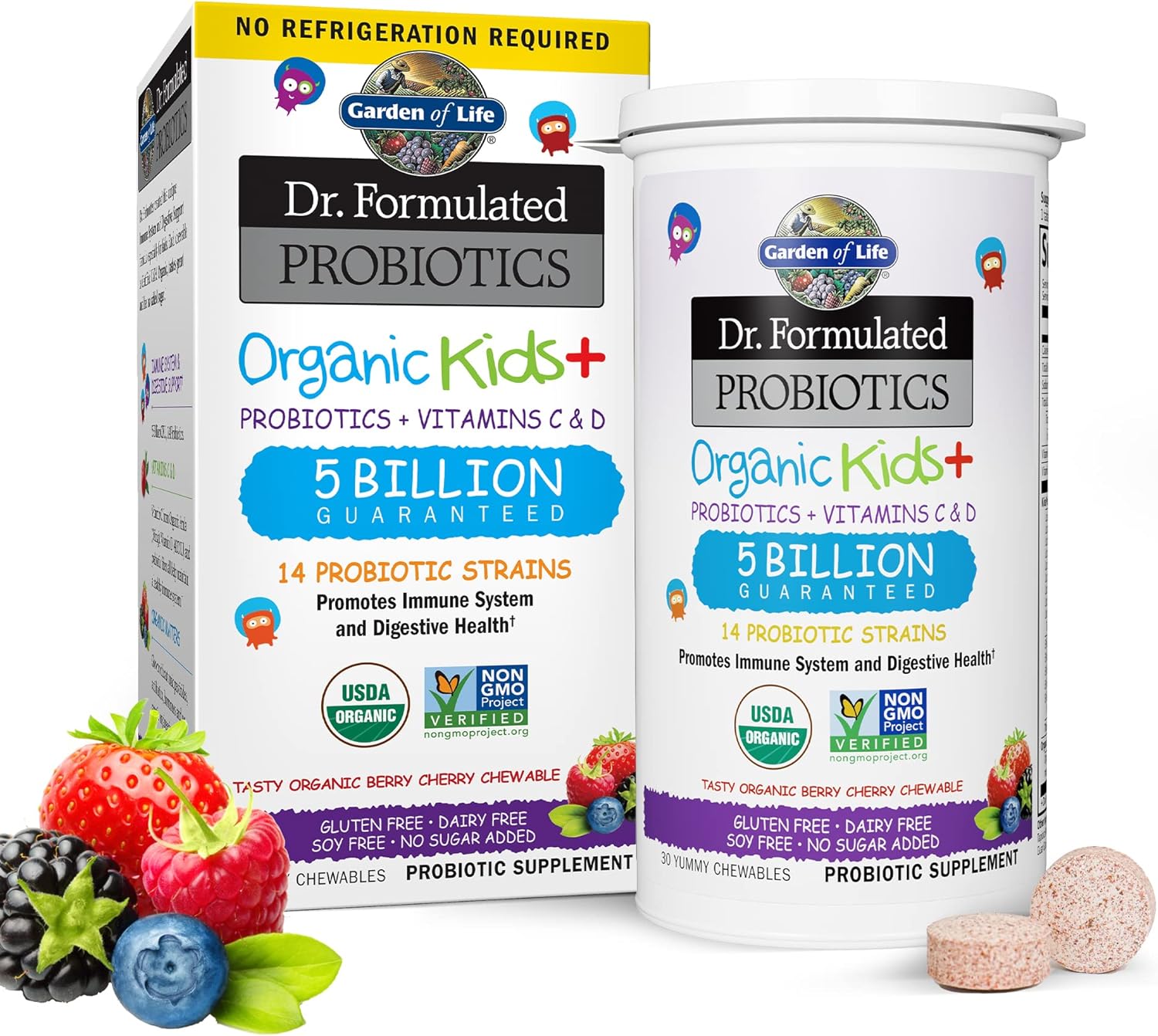 PROBIOTICOS ORGANICOS PARA NIÑOS 5 BILLONES CFU 30 MASTICABLES SABOR CEREZA SIN GMO DR.FORMULATED