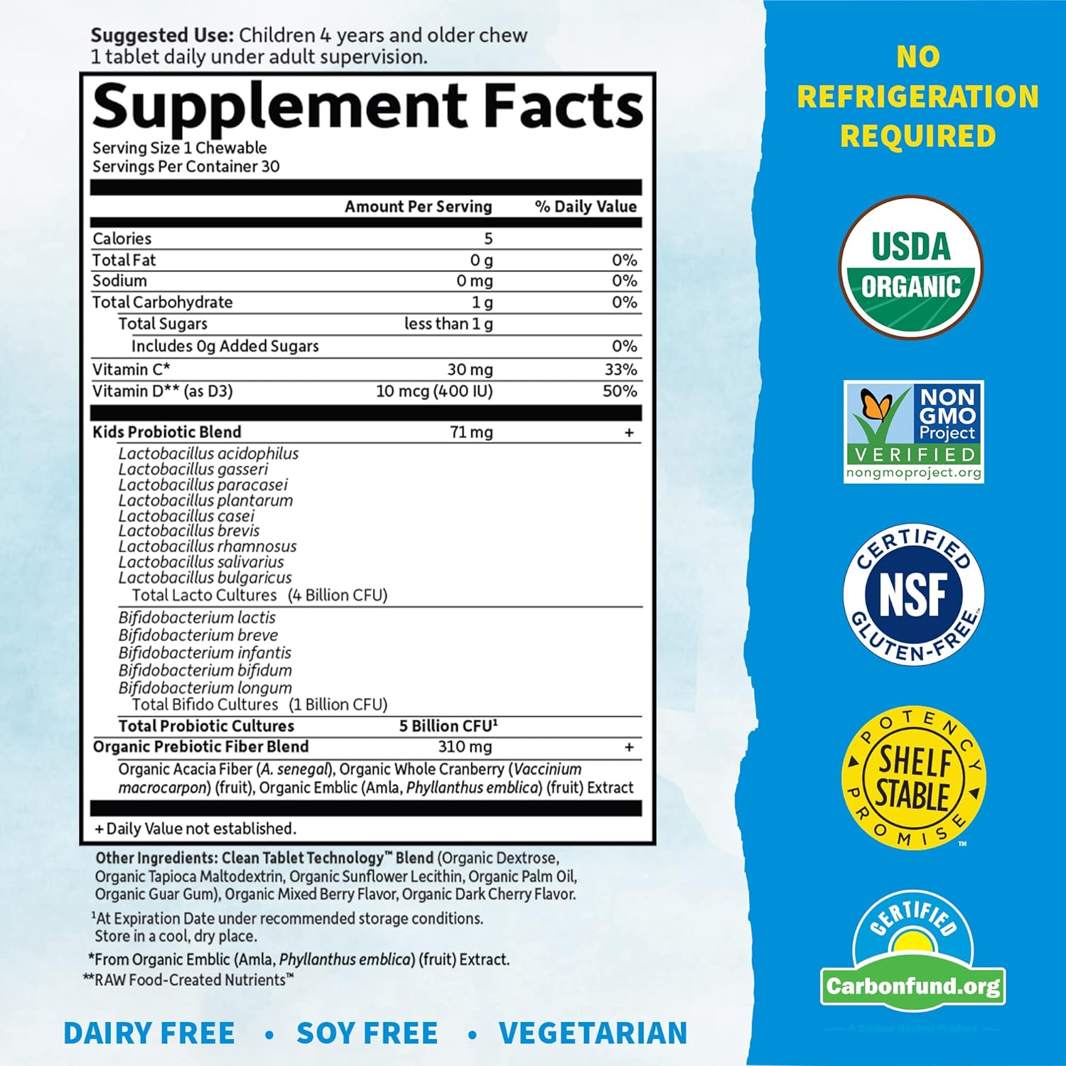 PROBIOTICOS ORGANICOS PARA NIÑOS 5 BILLONES CFU 30 MASTICABLES SABOR CEREZA SIN GMO DR.FORMULATED