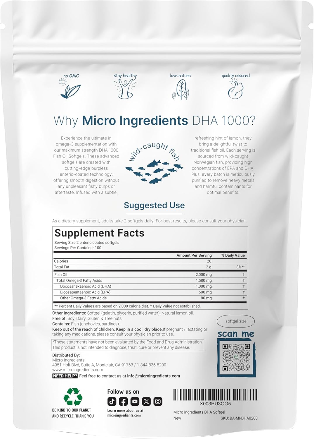 DHA FISH OIL OMEGA 3 1580 MG CON EPA 500 MG Y DHA 1000 MG 200 CAPSULAS BLANDAS MICROINGREDIENTS