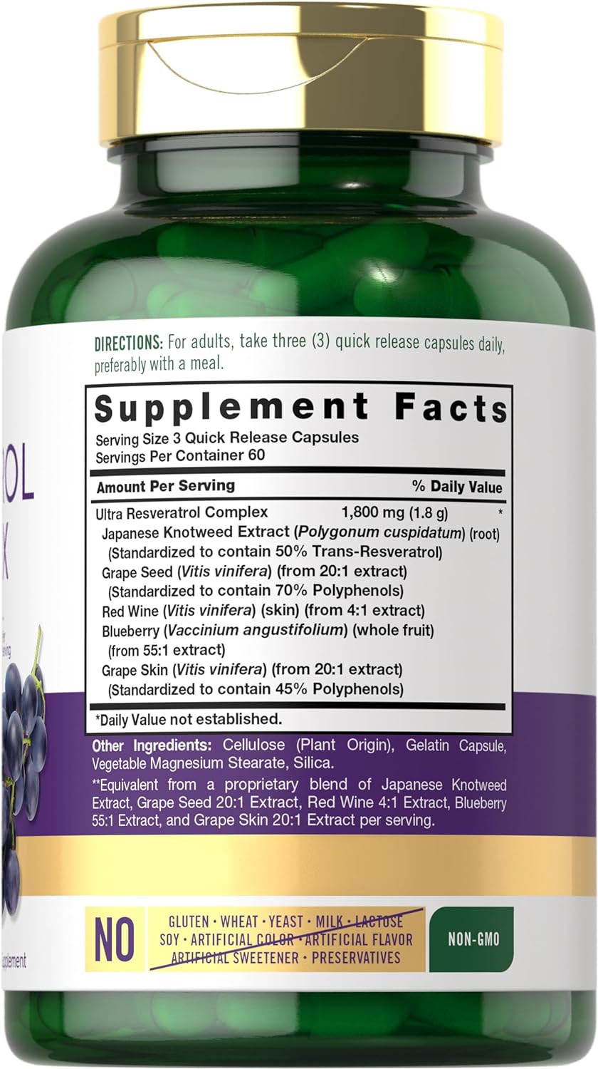 RESVERATROL COMPLEJO CARLYLE 1800 MG 180 CAPSULAS NO GMO SIN GLUTEN