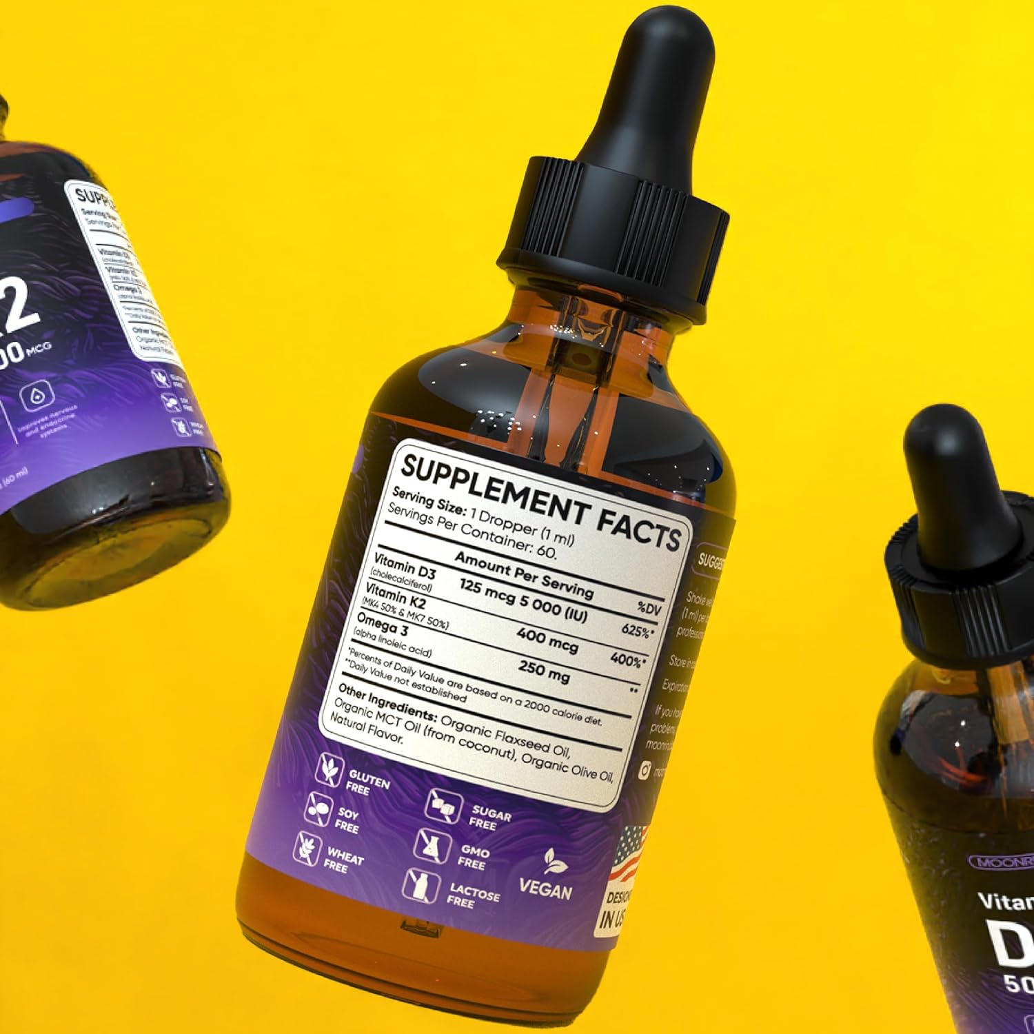 VITAMINA D3 K2 + OMEGA 3 5000IU 400 MCG 60 ML GOTAS SIN GMO VEGANO MOONRIN