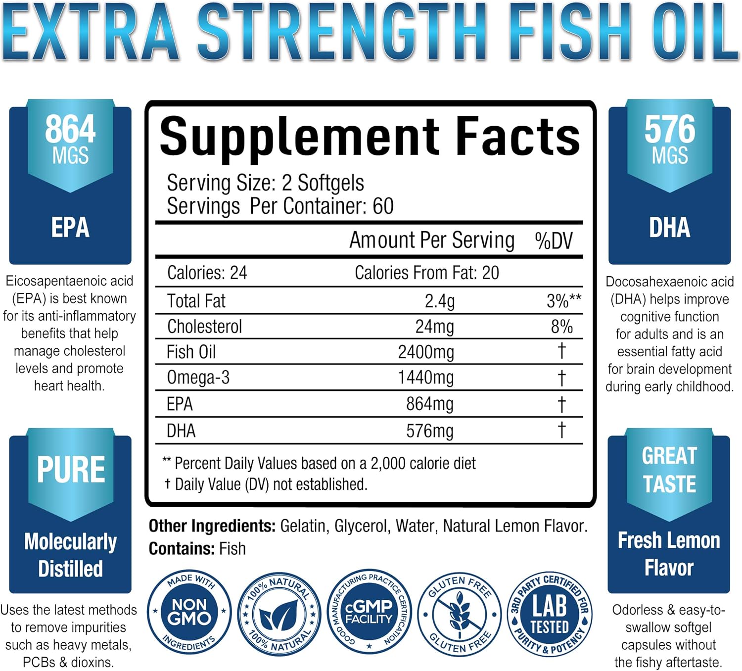 OMEGA 3 FISH OIL 3840 MG CON EPA Y DHA 120 CÁPSULAS BLANDAS NO GMO PURELY OPTIMAL