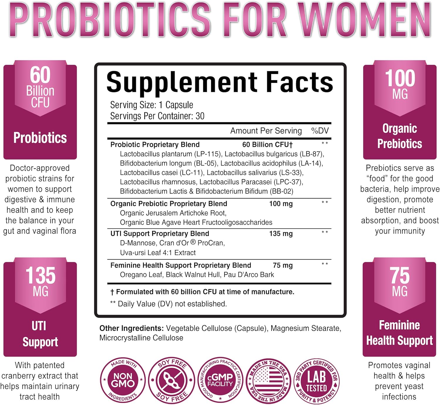 PROBIÓTICOS PARA MUJERES 60 BILLONES CFU 10 STRAINS 30 CÁPSULAS NO GMO PURELY OPTIMAL