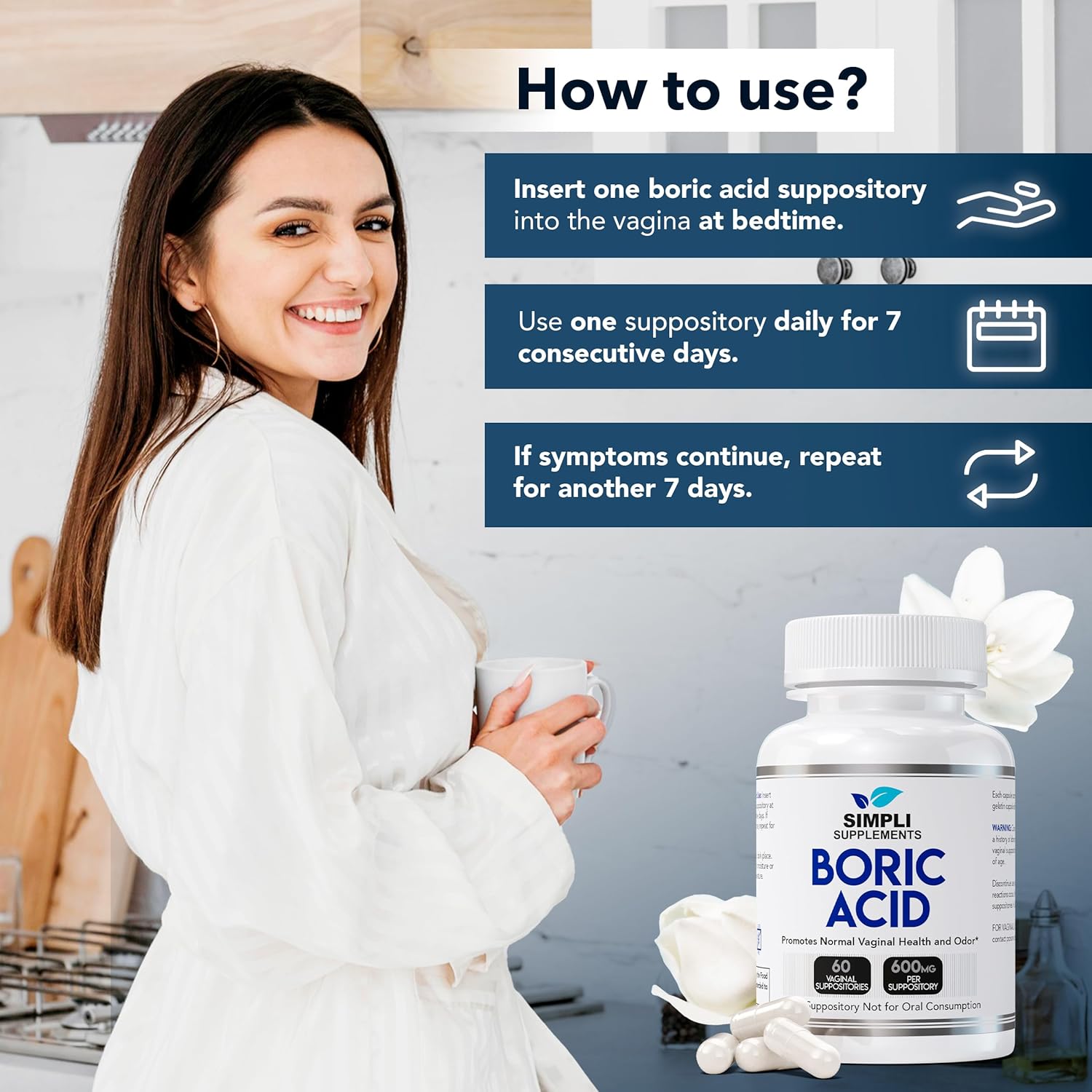 ÁCIDO BORICO SUPOSITORIOS 600 MG 60 CÁPSULAS SIMPLI SUPPLEMENTS