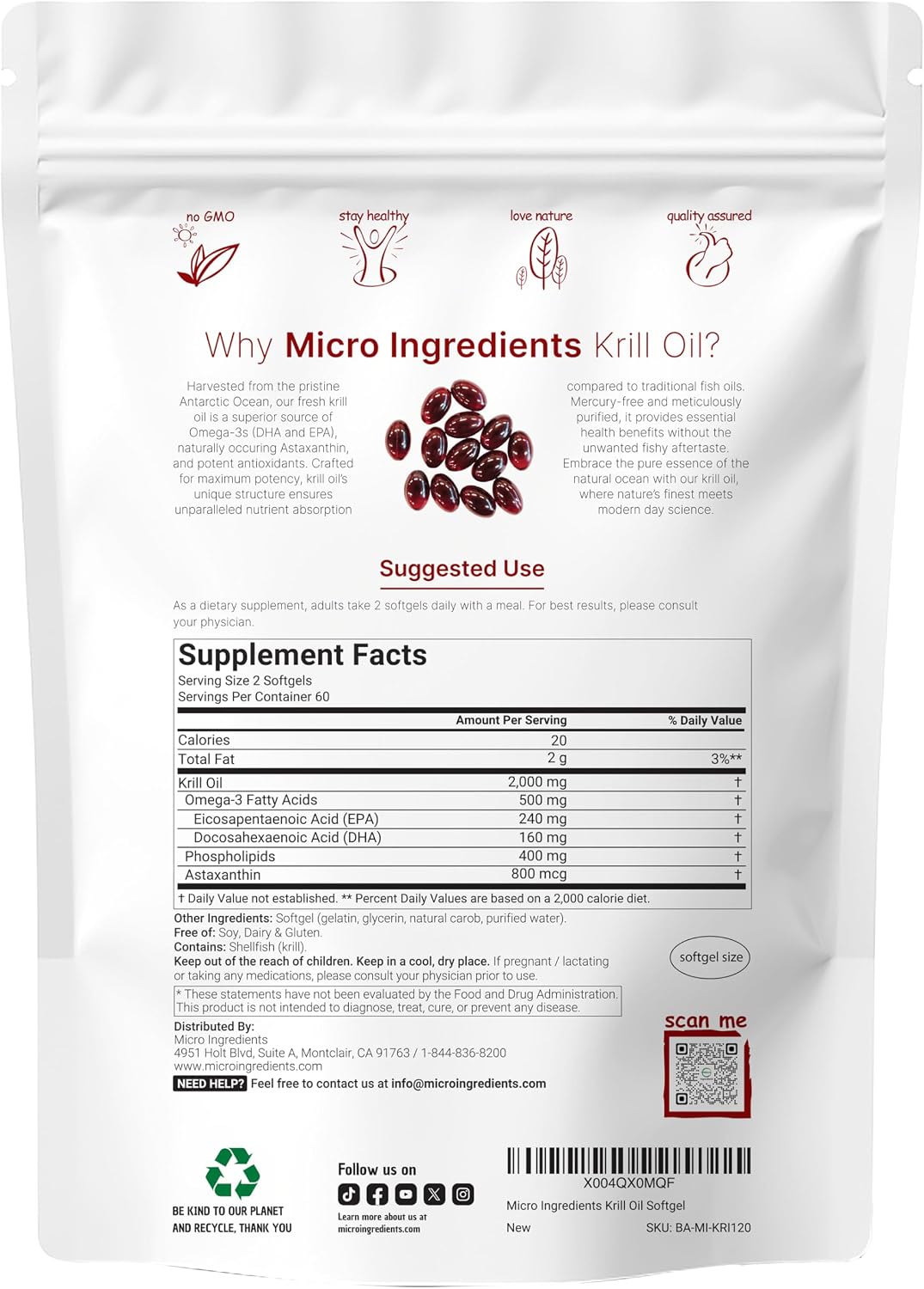 ANTARTIC KRILL OIL 2,000 MG MICROINGREDIENTS 120 CÁPSULAS BLANDAS NO GMO