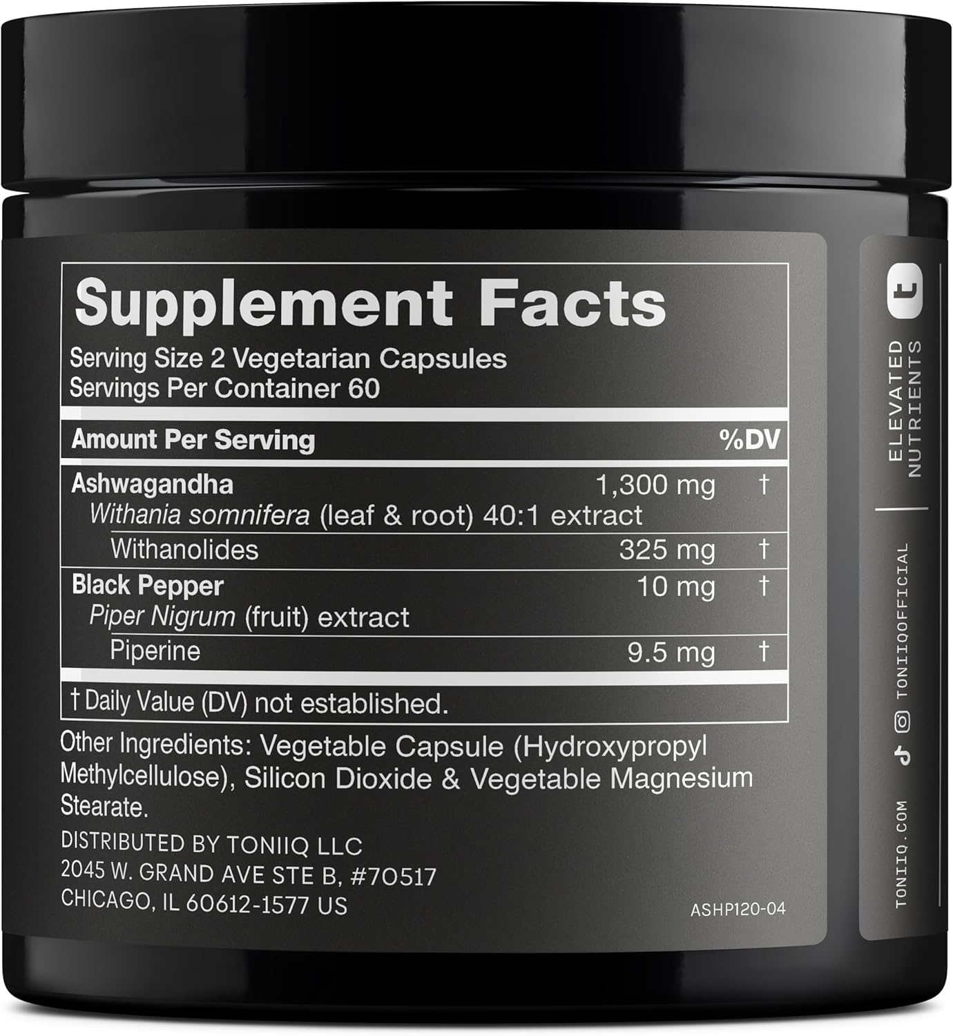 ASHWAGANDHA 1,300 MG + PIMIENTA NEGRA 10 MG 120 CAPSULAS TONIIQ BLACK PEPPER