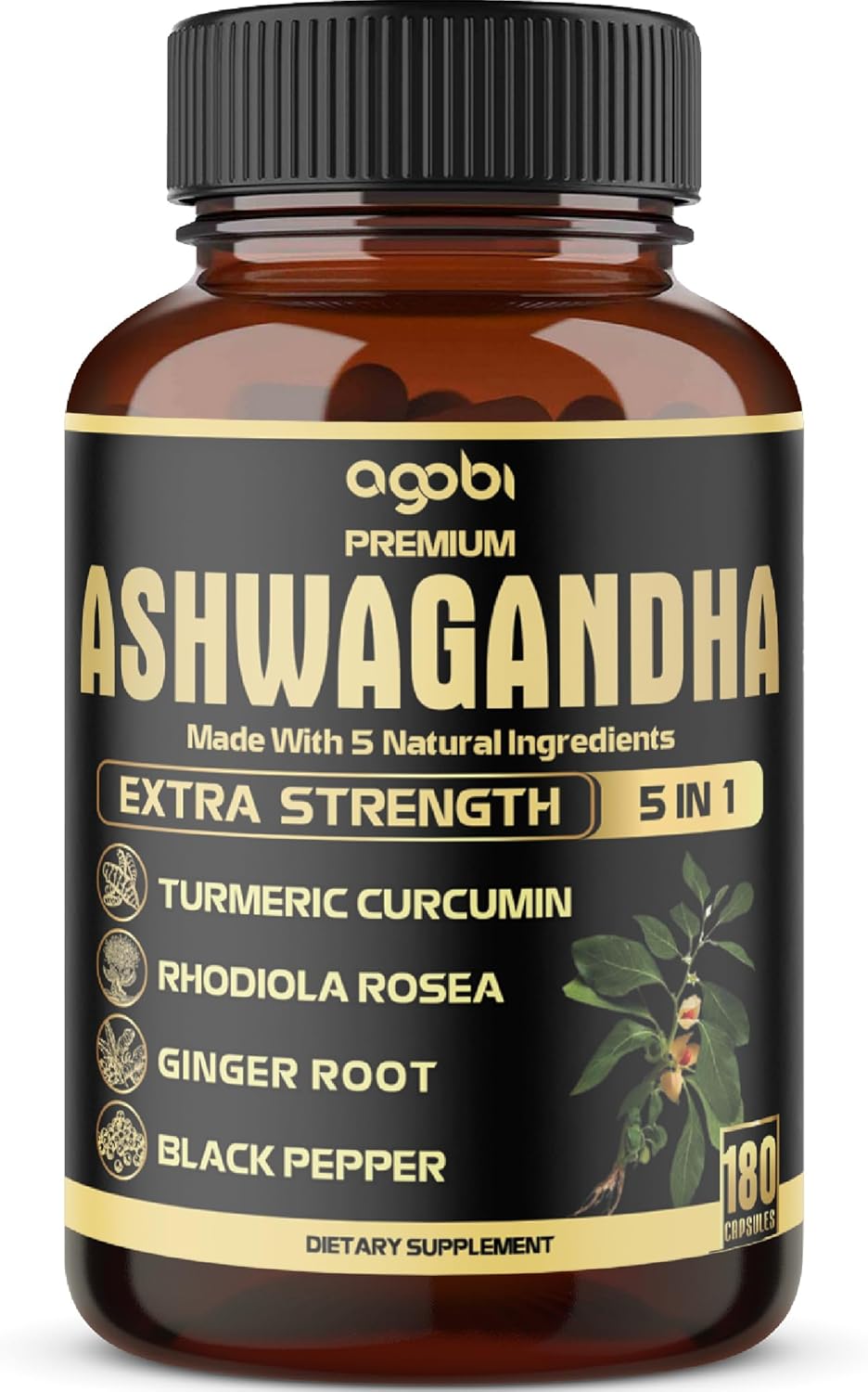 ASHWAGANDHA EXTRA FUERTE 4800 MG + RAIZ DE CURCUMA 185 MG + RAIZ DE RODIOLA 100 MG 180 CASPULAS VEGANO AGOBI