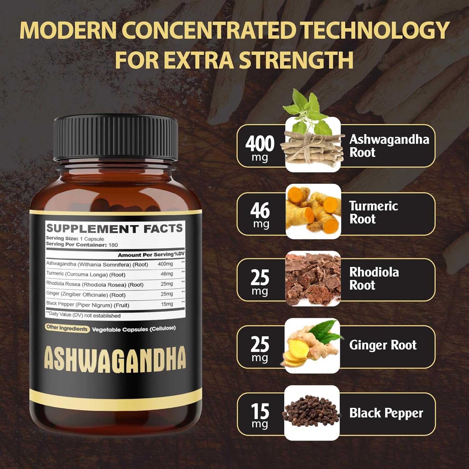 ASHWAGANDHA EXTRA FUERTE 4800 MG + RAIZ DE CURCUMA 185 MG + RAIZ DE RODIOLA 100 MG 180 CASPULAS VEGANO AGOBI