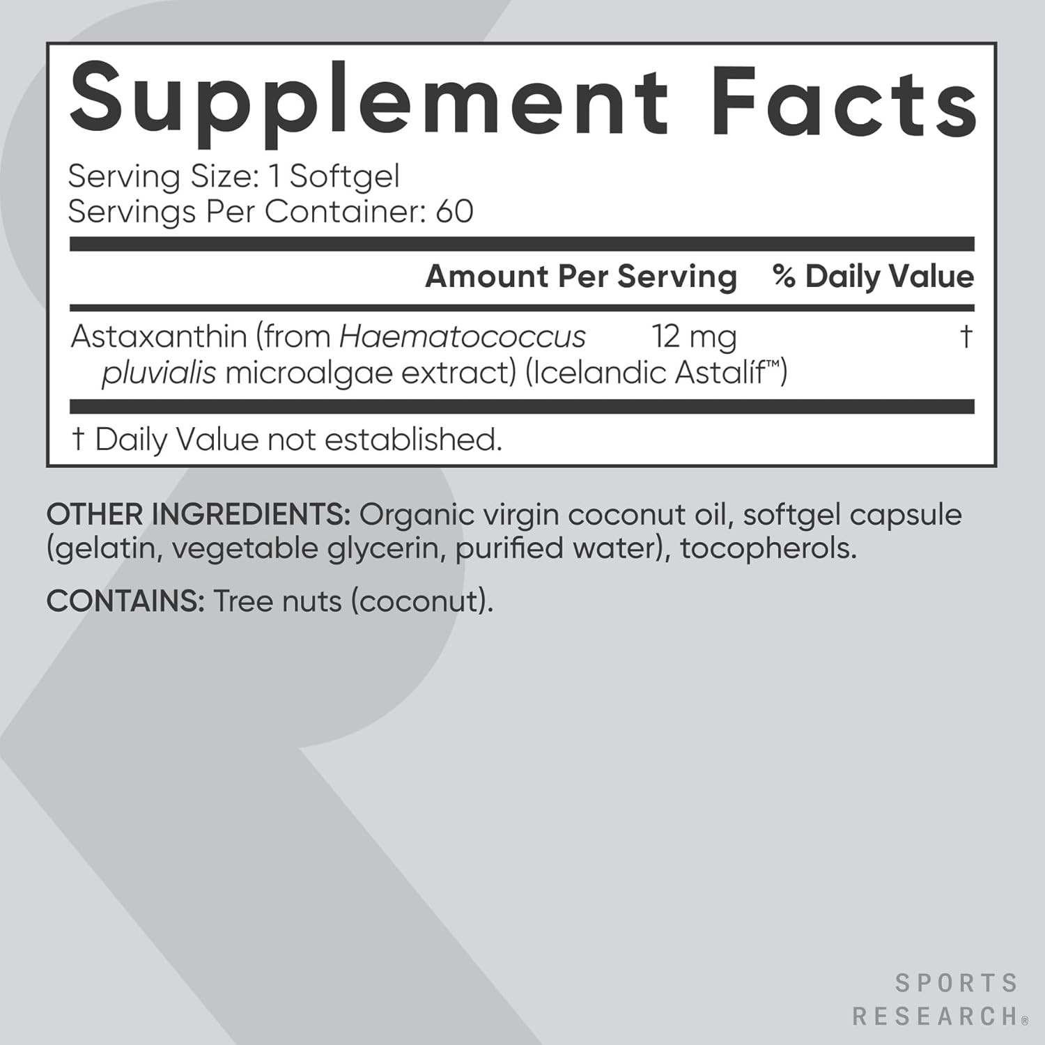 ASTAXANTINA ISLANDESA 12MG 60 CAPSULAS BLANDAS SIN GMO SPORTS RESEARCH