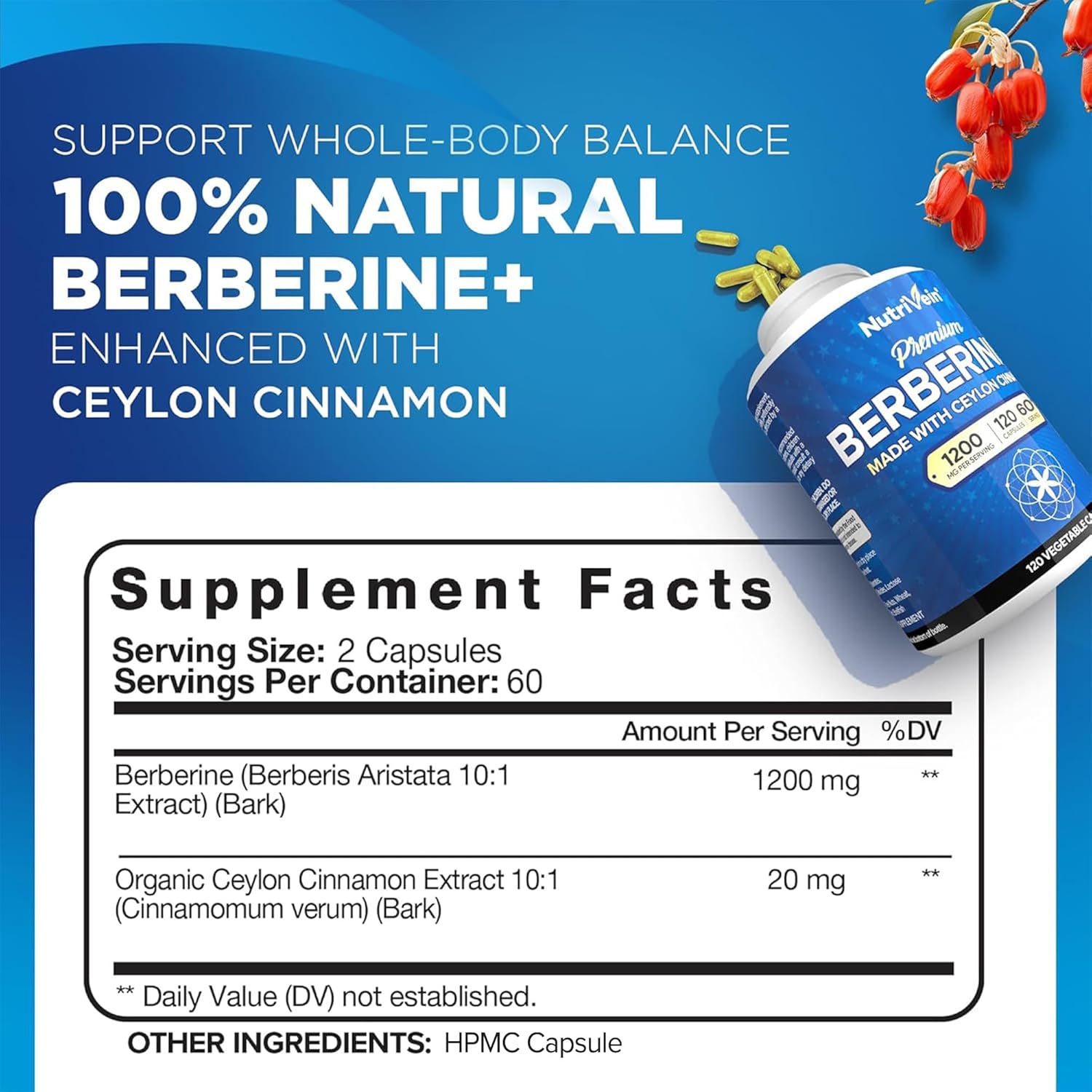 BERBERINA 1200 MG CON CANELA DE CEYLAN 200 MG 120 CAPSULAS VEGANO NUTRIVEIN