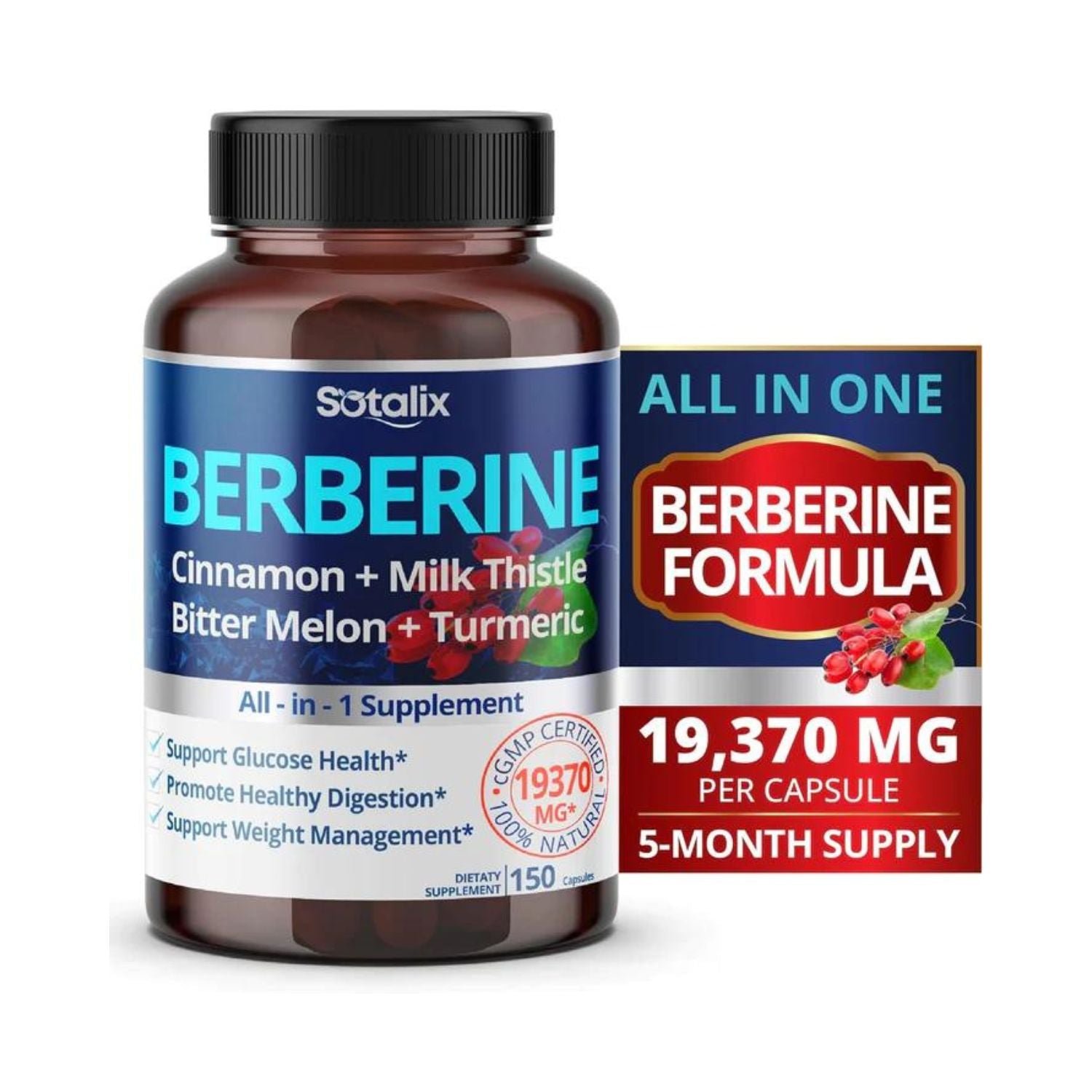BERBERINA COMPLEJO 9 EN 1 ASHWAGANDHA 20 MG CON CARDO MARIANO (MILK THISTLE) 3000 MG 150 CAPSULAS SIN GMO SOTALIX