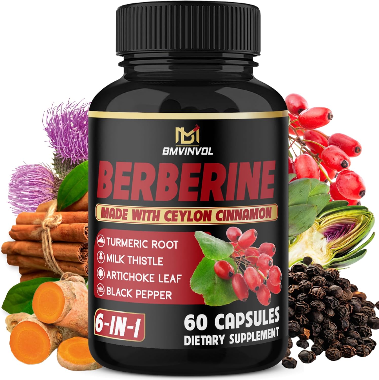 BERBERINA NEGRA 3000 MG CON CUCUMA 500 MG Y CARDO MARIANO (MILK THISTLE) 500 MG + PIMIENTA NEGRA 50 MG + HOJA DE ALCACHOFA 500 MG + CANELA DE CEILAN 150 MG 60 CAPSULAS VEGANO BMVINVOL