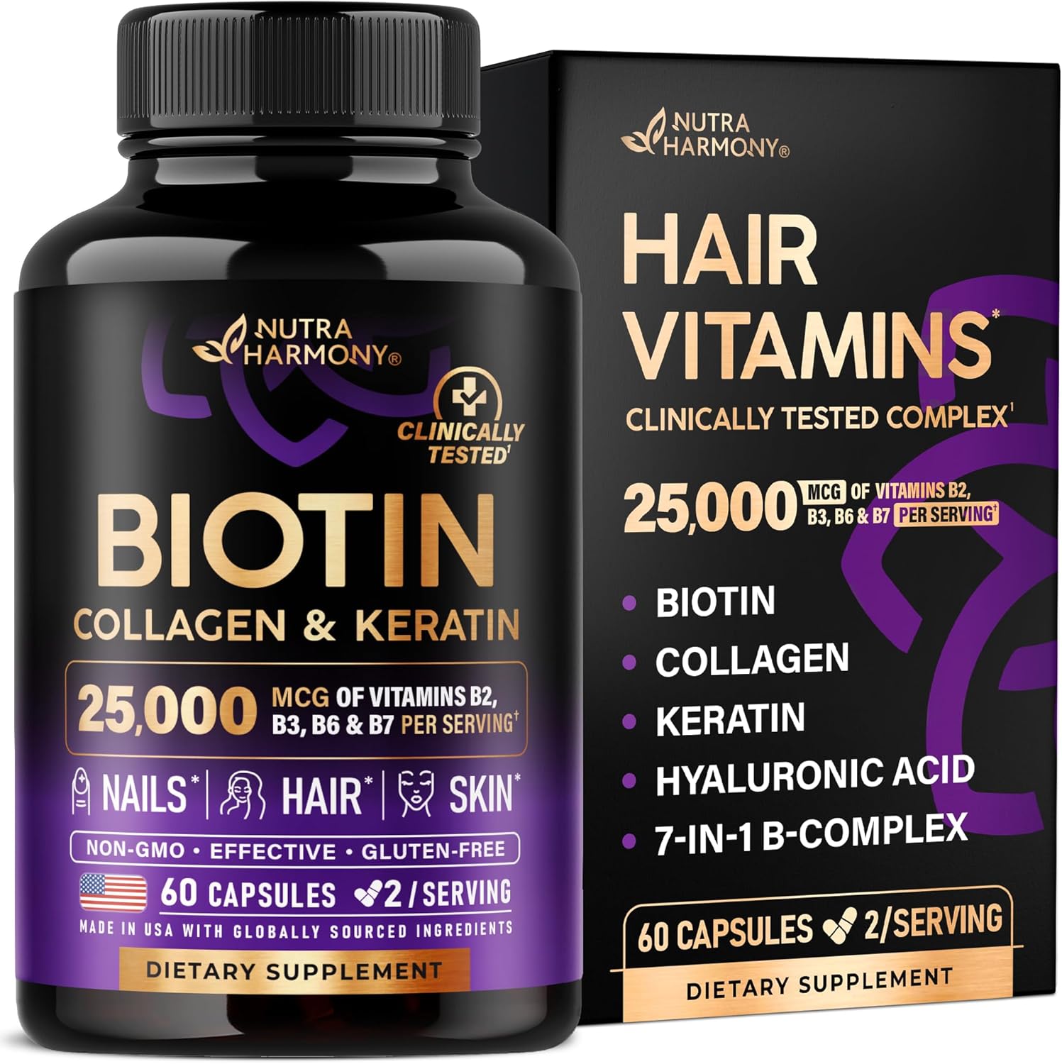 BIOTINA COLAGENO Y KERATINA 25000 MCG 60 CAPSULAS SIN GMO VEGANO NUTRA HARMONY