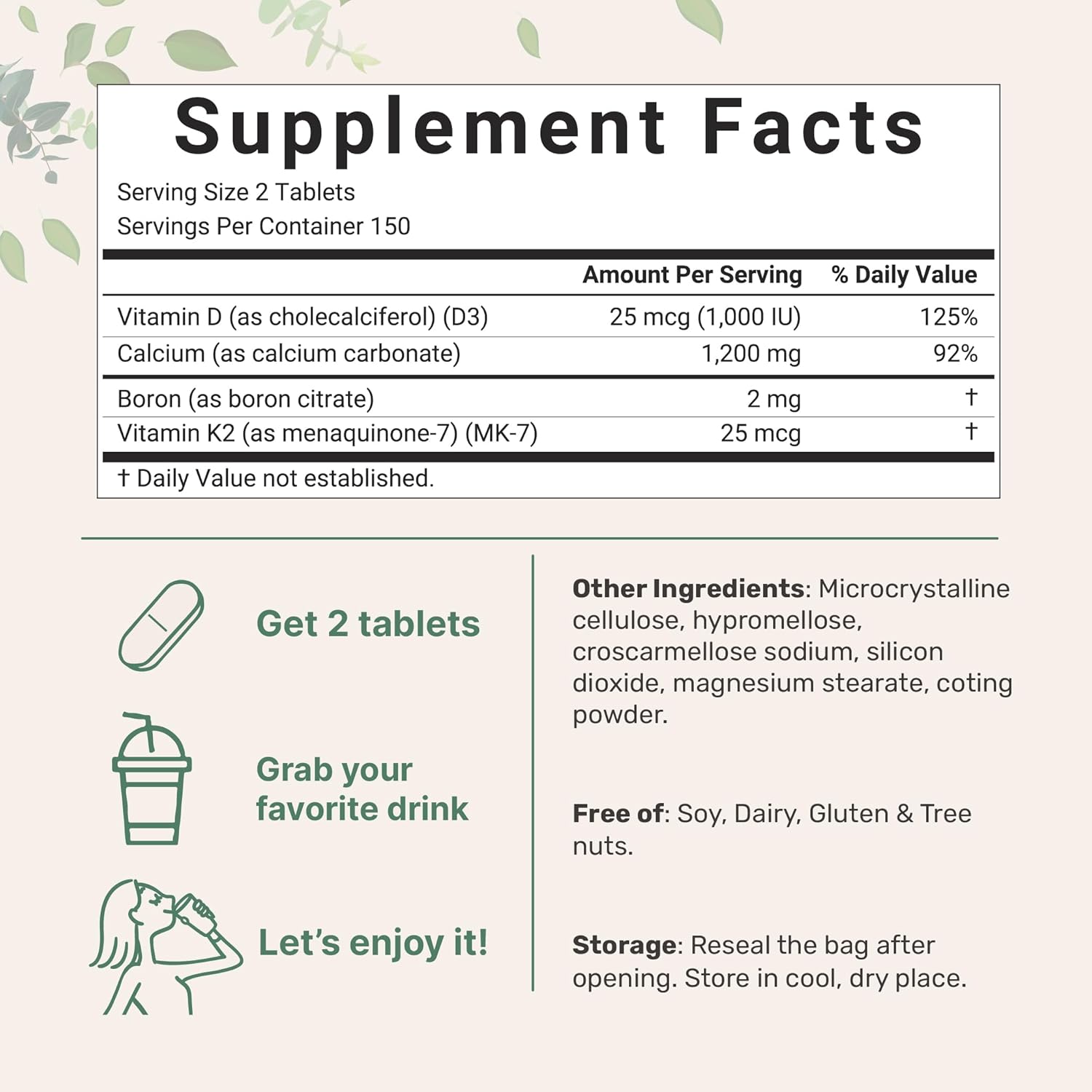 CALCIO 1,200 MG D3 1,000 IU K2 25 MCG MICROINGREDIENTS 300 TABLETAS