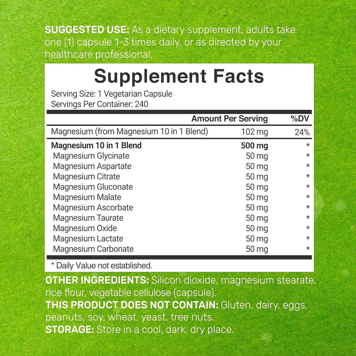 MAGNESIO COMPLEJO 10 EN 1 DEAL 500 MG 240 CAPSULAS SIN GMO