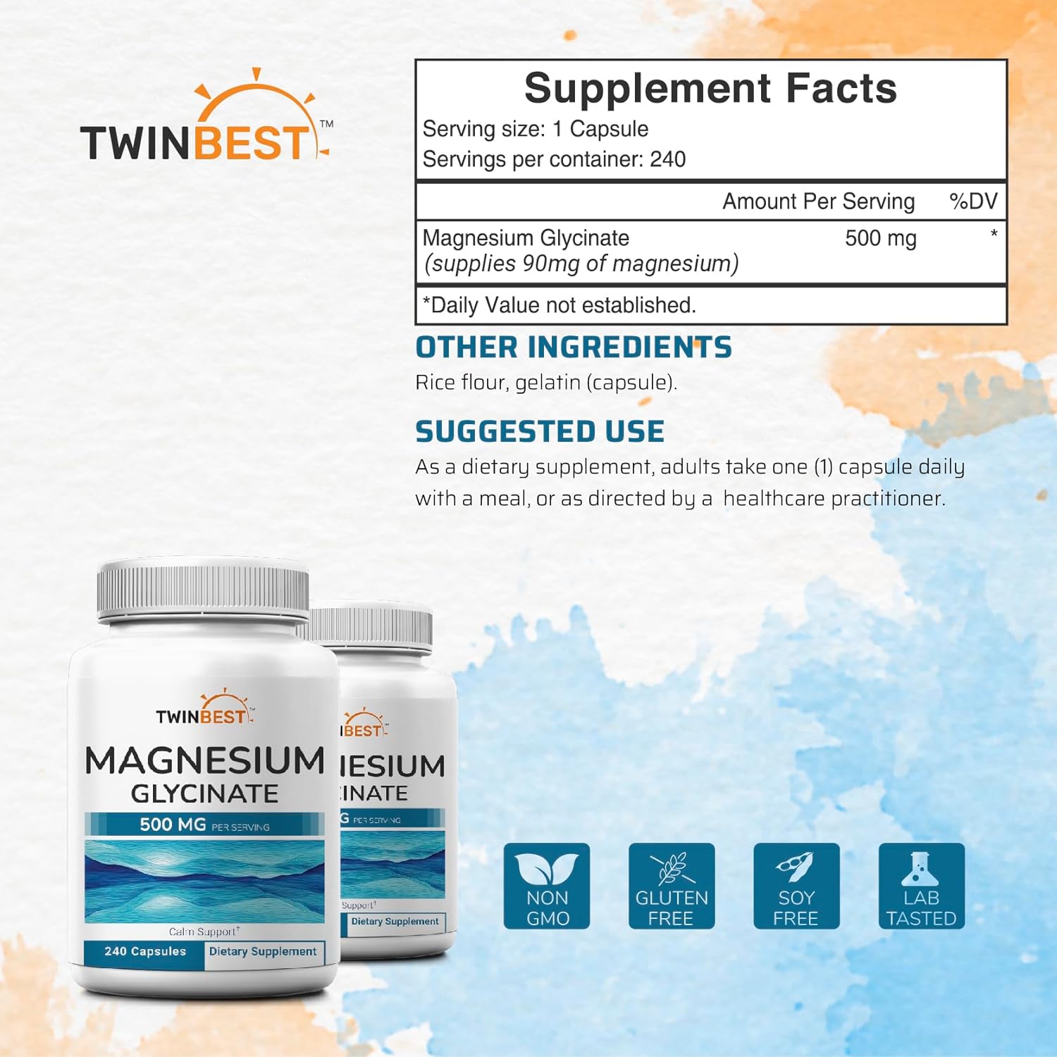 GLICINATO DE MAGNESIO 500 MG 240 CÁPSULAS TWINBEST NO GMO