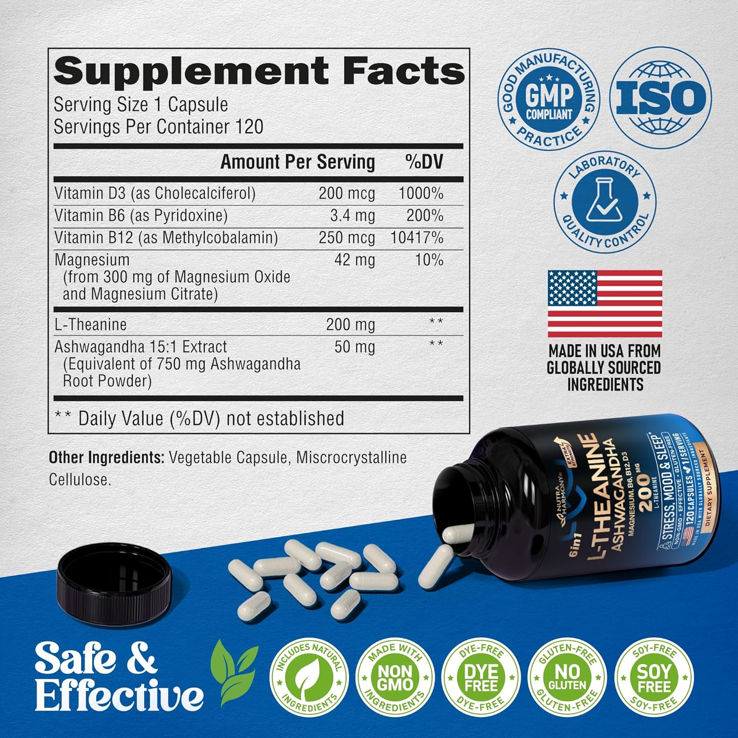 L THEANINE CON ASHWAGANDHA 200 MG NUTRA HARMONY 120 CAPSULAS VEGETALES NO GMO