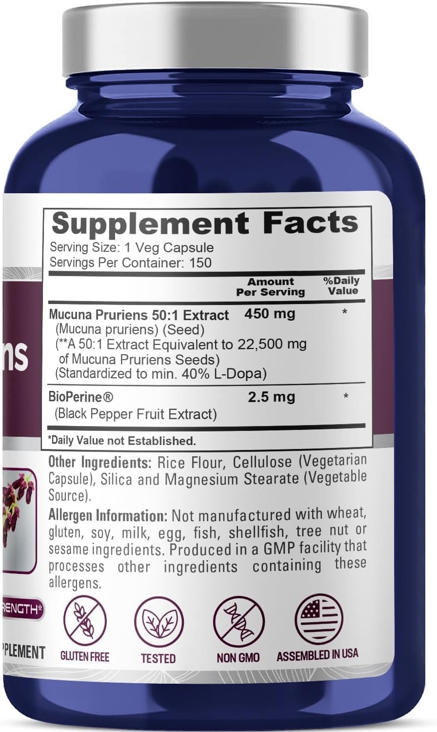 MUCUNA CON BIOPERINA NUSAPURE 22500 MG 150 CAPSULAS VEGETALES VEGANO NO GMO