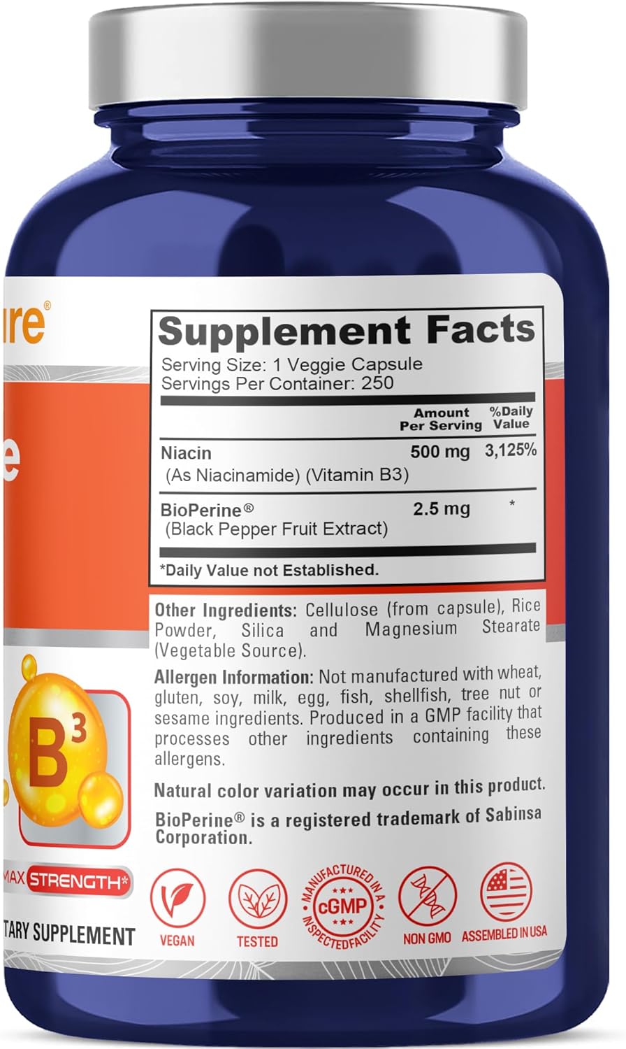 NIACINA FLUSH FREE VITAMINA B3 NUSAPURE 500 MG 250 CAPSULAS VEGETALES SIN GMO