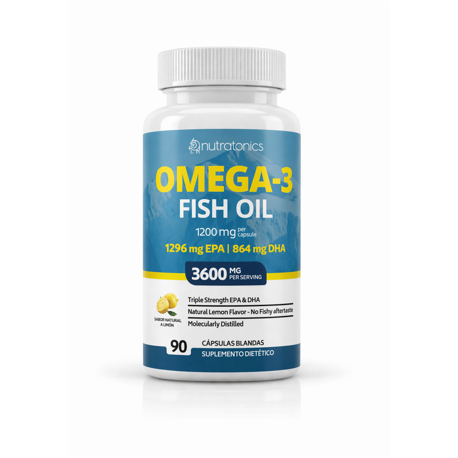 OMEGA 3 FISH OIL 3600MG NUTRATONICS 1296MG EPA + 864MG DHA 90 CAPSULAS BLANDAS SIN GLUTEN, NO GMO SABOR A LIMON