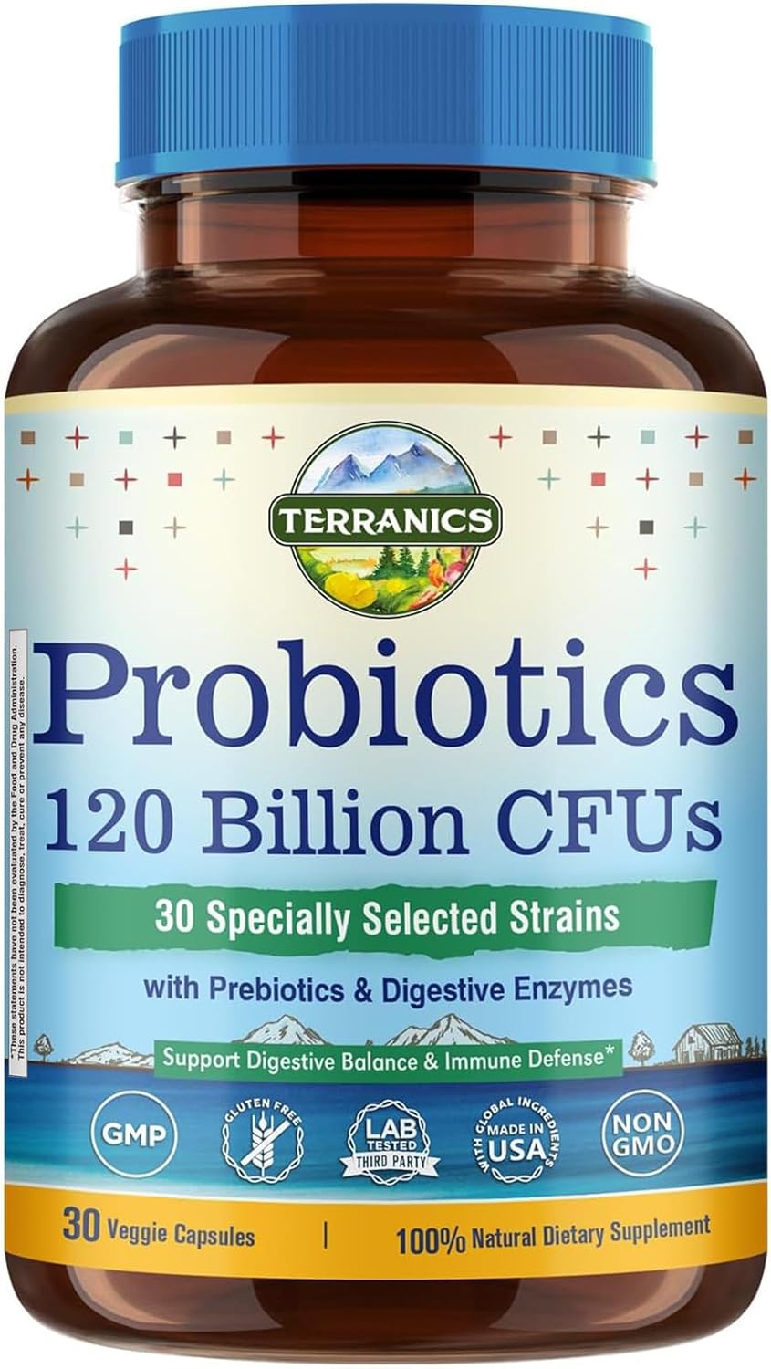 PROBIOTICO CON PREBIOTICOS Y ENZYMAS 120 BILLONES CFU 30 CEPAS 30 CAPSULAS SIN GMO TERRANICS