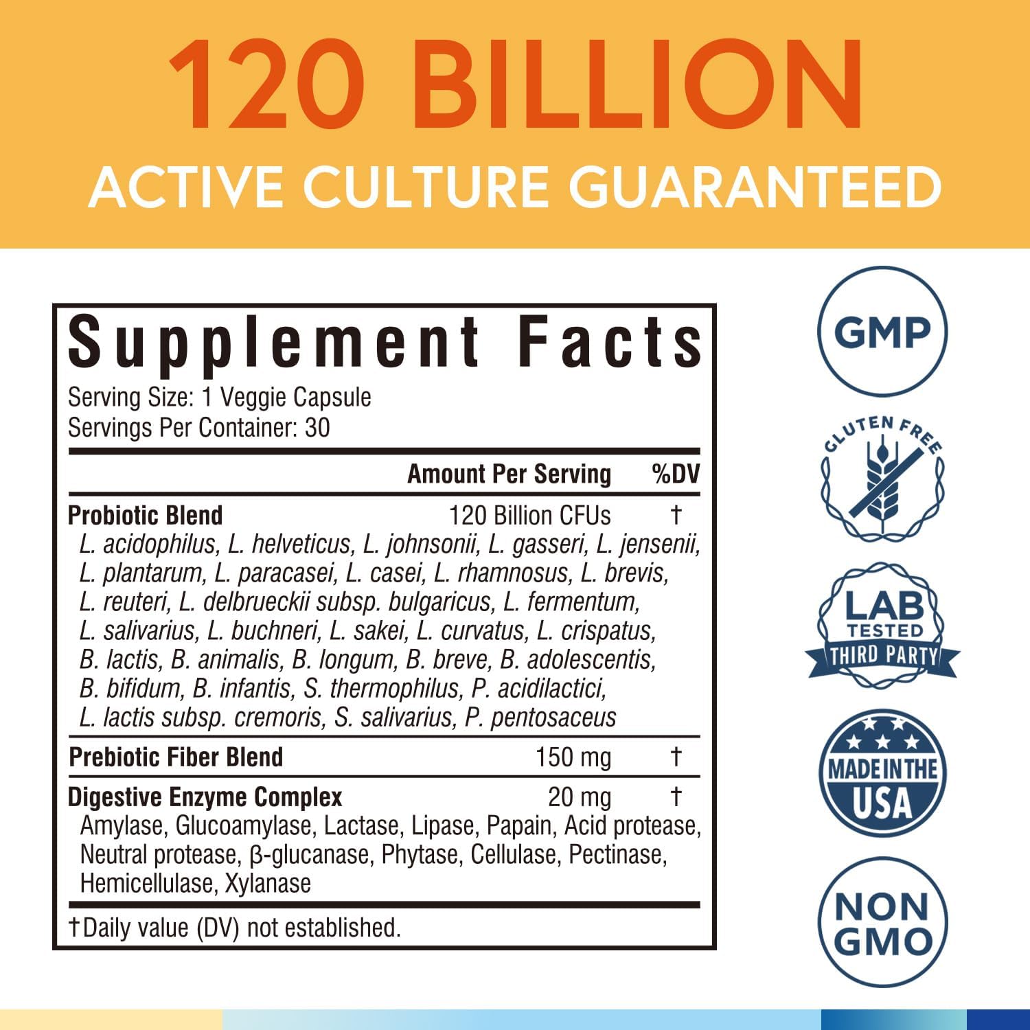 PROBIOTICO CON PREBIOTICOS Y ENZYMAS 120 BILLONES CFU 30 CEPAS 30 CAPSULAS SIN GMO TERRANICS