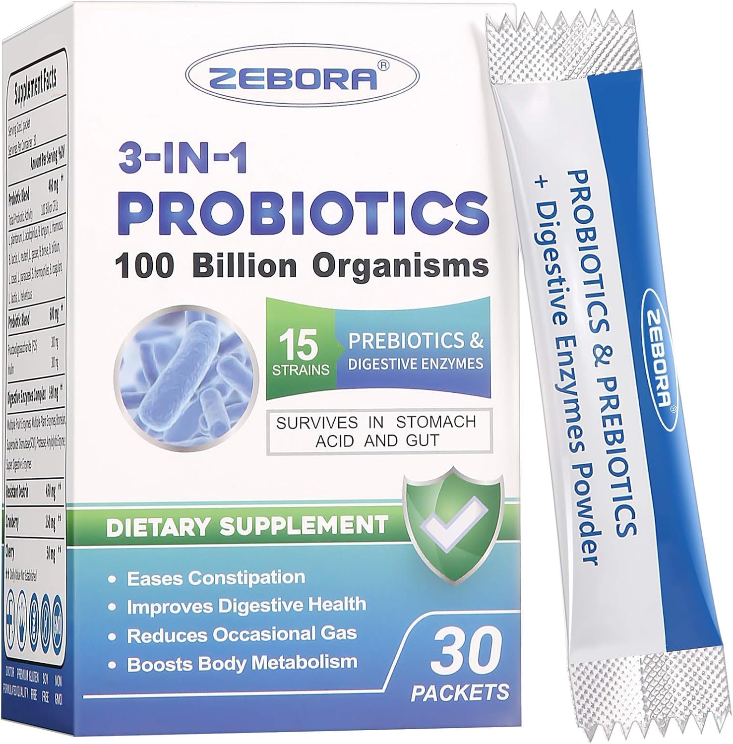 PROBIOTICOS CON ENZIMAS DIGESTIVAS EN POLVO 3 EN 1 15 CEPAS 100 BILLIONES CFU 30 SOBRES VEGANO SIN GMO ZEBORA