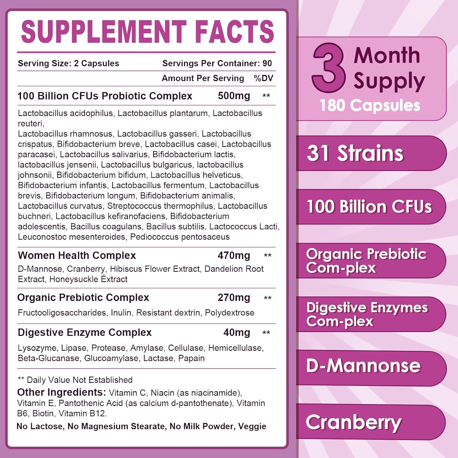 PROBIOTICOS CON ENZIMAS DIGESTIVAS Y COMPLEJO URINARIO PARA MUJERES 31 CEPAS 100 BILLONES CFU 180 CAPSULAS VEGETALES SIN GMO NATURE TARGET