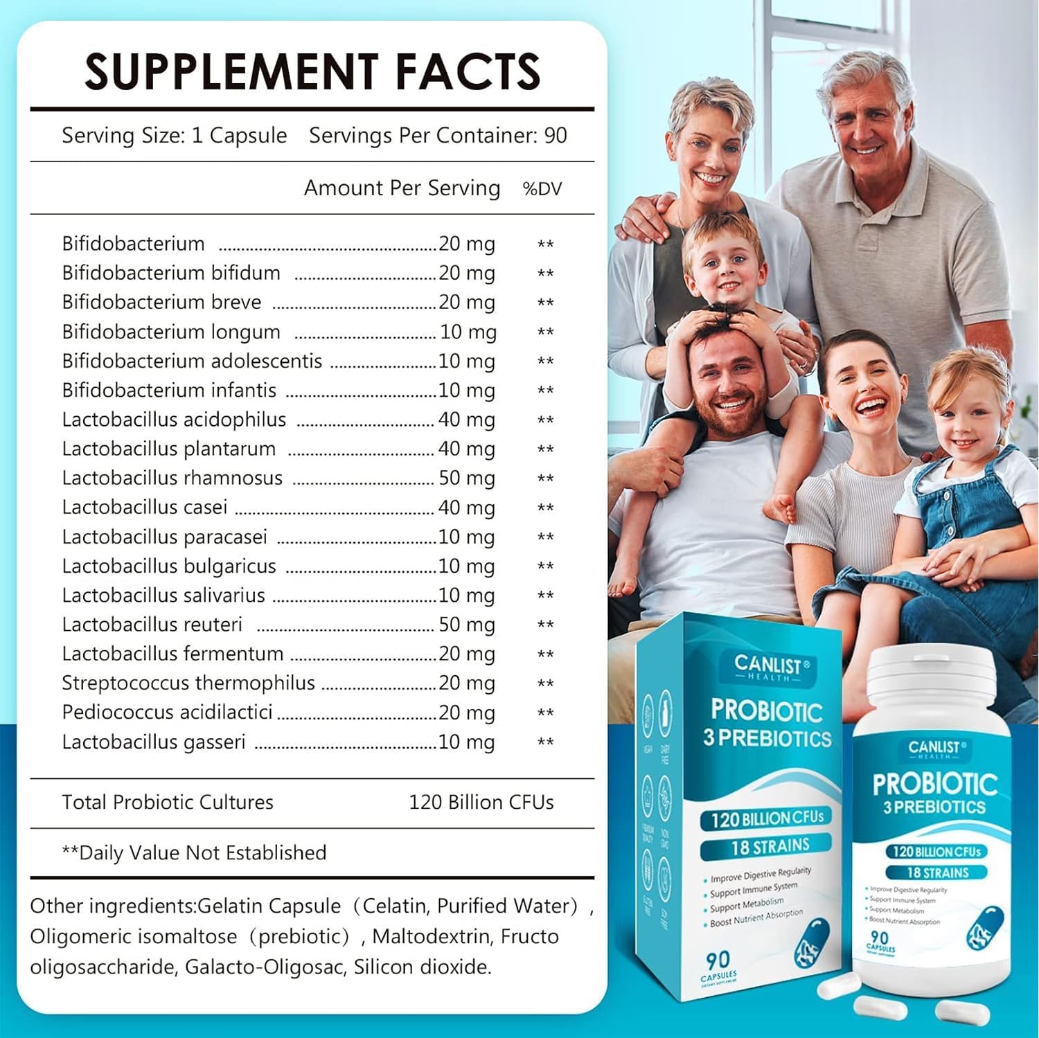 PROBIOTICOS Y PREBIOTICOS 180 BILLONES CFU 18 CEPAS 90 CAPSULAS CANLIST