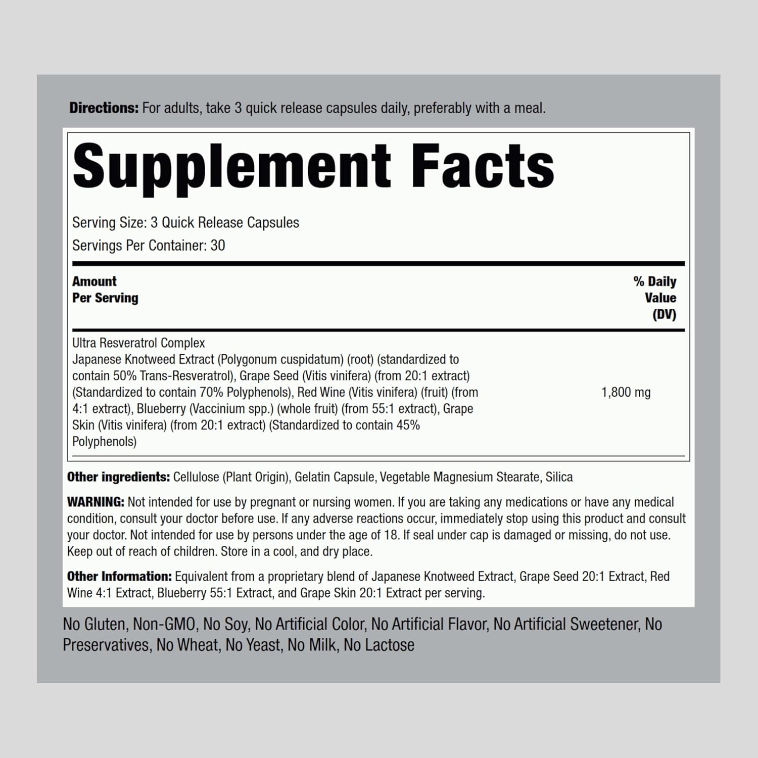 RESVERATROL COMPLEX 1800 MG 90 CÁPSULAS NO GMO PIPING ROCK