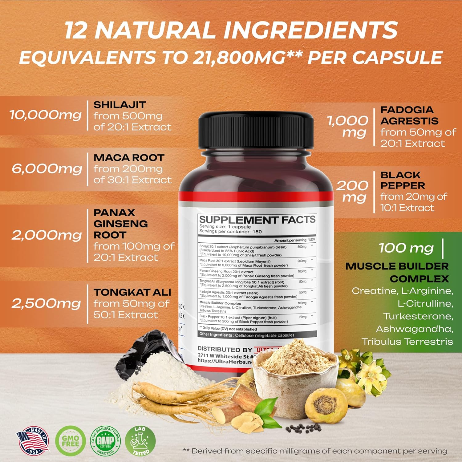 SHILAJIT CON MACA Y GINSENG 150 CAPSULAS VEGETALES NO GMO ULTRA HERBS